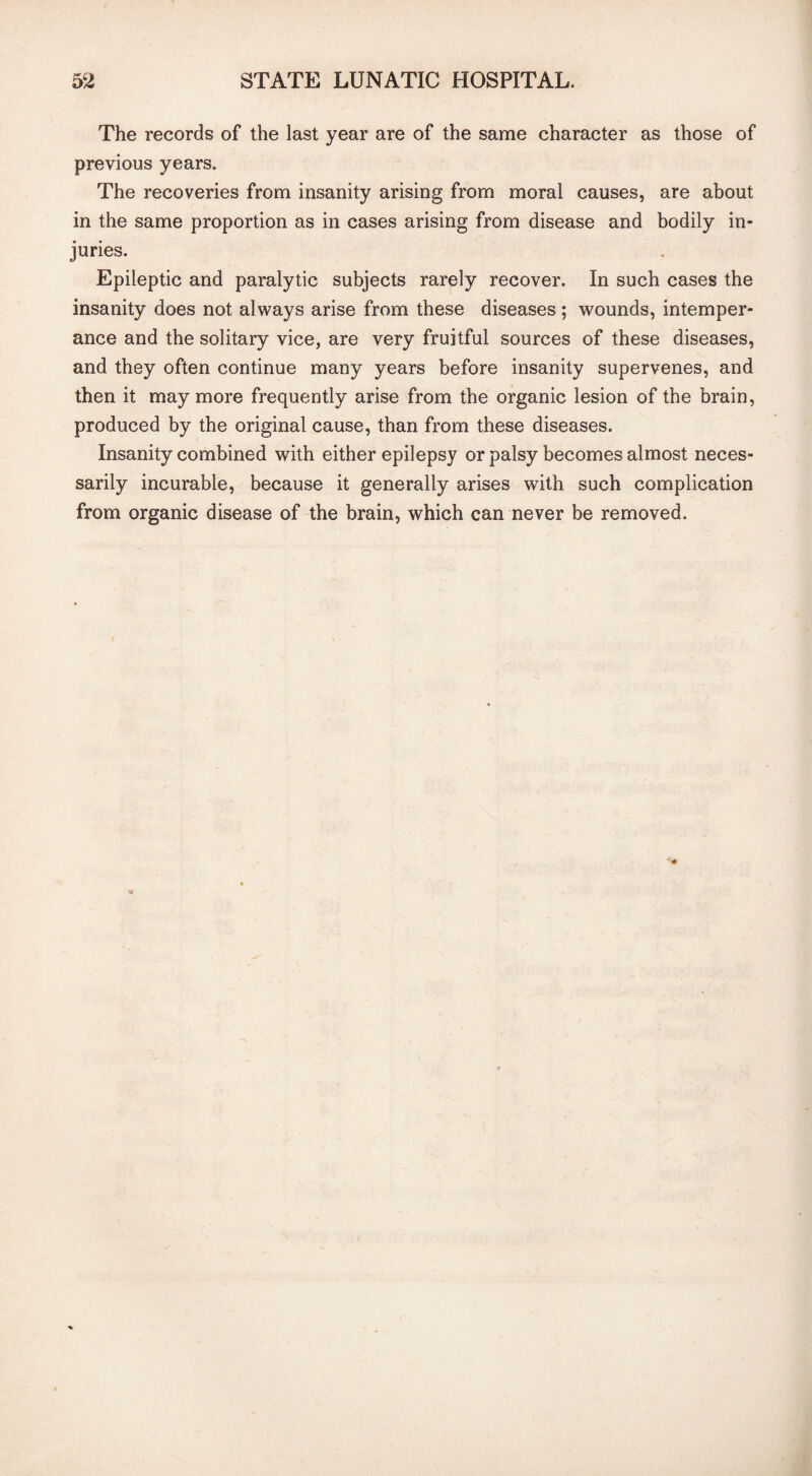 The records of the last year are of the same character as those of previous years. The recoveries from insanity arising from moral causes, are about in the same proportion as in cases arising from disease and bodily in¬ juries. Epileptic and paralytic subjects rarely recover. In such cases the insanity does not always arise from these diseases ; wounds, intemper¬ ance and the solitary vice, are very fruitful sources of these diseases, and they often continue many years before insanity supervenes, and then it may more frequently arise from the organic lesion of the brain, produced by the original cause, than from these diseases. Insanity combined with either epilepsy or palsy becomes almost neces¬ sarily incurable, because it generally arises with such complication from organic disease of the brain, which can never be removed.