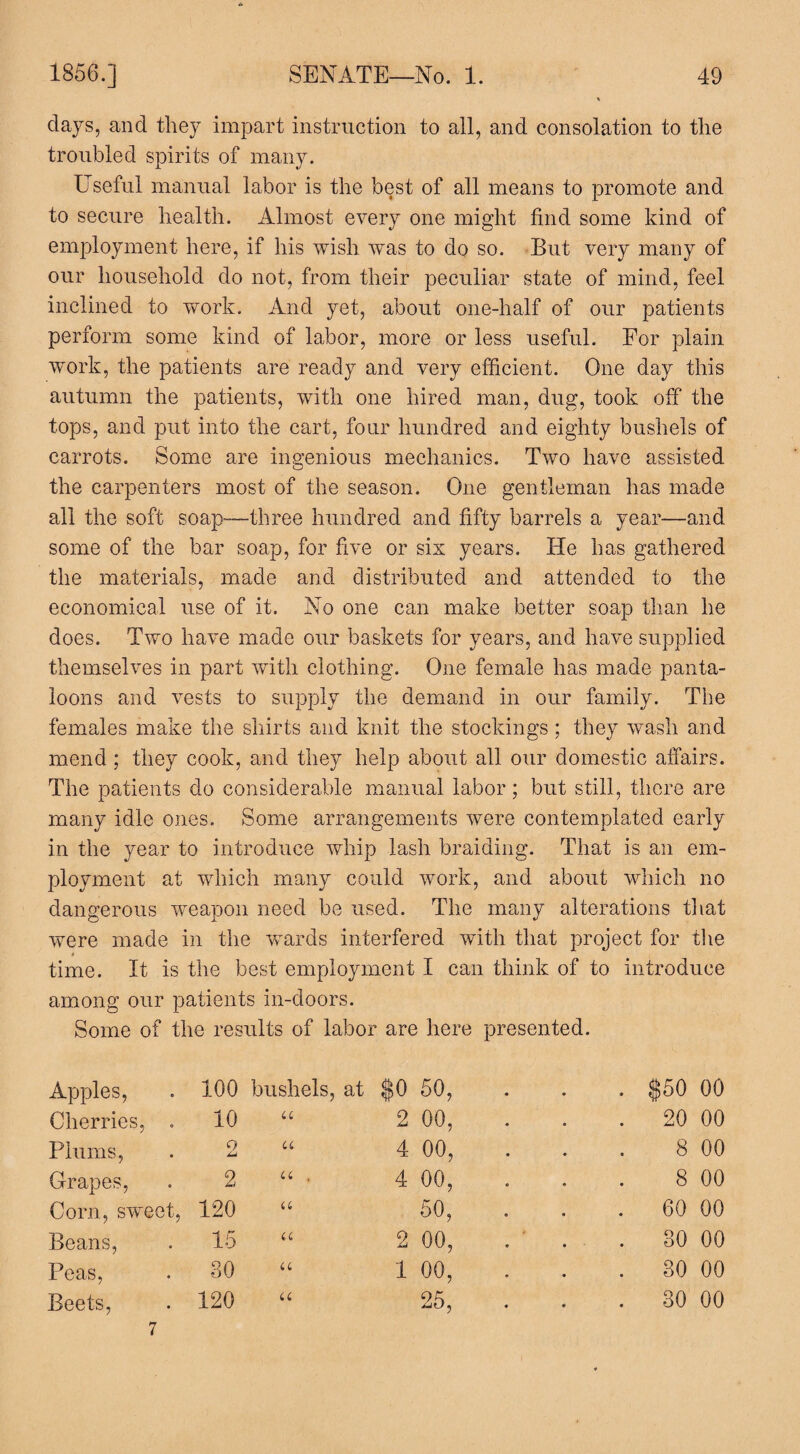 clays, and they impart instruction to all, and consolation to the troubled spirits of many. Useful manual labor is the best of all means to promote and to secure health. Almost every one might find some kind of employment here, if his wish was to do so. But very many of our household do not, from their peculiar state of mind, feel inclined to work. And yet, about one-half of our patients perform some kind of labor, more or less useful. For plain work, the patients are ready and very efficient. One day this autumn the patients, with one hired man, dug, took off the tops, and put into the cart, four hundred and eighty bushels of carrots. Some are ingenious mechanics. Two have assisted the carpenters most of the season. One gentleman has made all the soft soap—three hundred and fifty barrels a year—and some of the bar soap, for five or six years. He has gathered the materials, made and distributed and attended to the economical use of it. No one can make better soap than he does. Two have made our baskets for years, and have supplied themselves in part with clothing. One female has made panta¬ loons and vests to supply the demand in our family. The females make the shirts and knit the stockings; they wash and mend ; they cook, and they help about all our domestic affairs. The patients do considerable manual labor; but still, there are many idle ones. Some arrangements were contemplated early in the year to introduce whip lash braiding. That is an em¬ ployment at which many could work, and about which no dangerous weapon need be used. The many alterations that were made in the wards interfered with that project for the * time. It is the best employment I can think of to introduce among our patients in-doors. Some of the results of labor are here presented. Apples, 100 bushels, at $0 50, Cherries, . 10 u 2 00, Plums, 0 la u 4 00, Grapes, 2 a , «\ o o Corn, sweet, 120 a 50, Beans, 15 a 2 00, Peas, 30 a 1 00, Beets, 120 a 25, $50 00 20 00 8 00 8 00 60 00 80 00 30 00 30 00 7