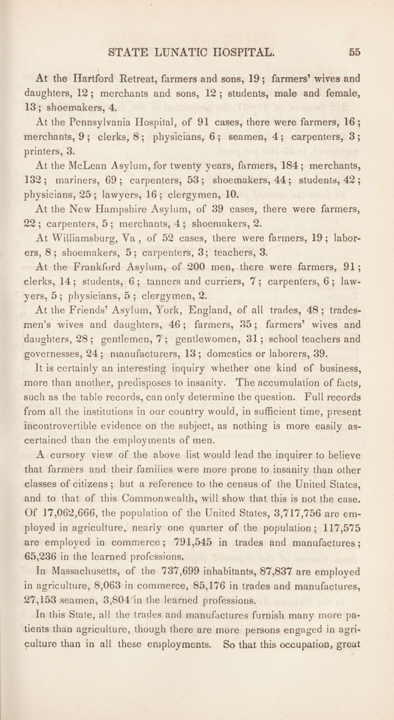 At the Hartford Retreat, farmers and sons, 19; farmers’ wives and daughters, 12; merchants and sons, 12 ; students, male and female, 13; shoemakers, 4. At the Pennsylvania Hospital, of 91 cases, there were farmers, 16; merchants, 9 ; clerks, 8 ; physicians, 6 ; seamen, 4 ; carpenters, 3 ; printers, 3. At the McLean Asylum, for twenty years, farmers, 184; merchants, 132; mariners, 69; carpenters, 53; shoemakers, 44; students, 42; physicians, 25 ; lawyers, 16; clergymen, 10. At the New Hampshire Asylum, of 39 cases, there were farmers, 22 ; carpenters, 5 ; merchants, 4 ; shoemakers, 2. At Williamsburg, Ya , of 52 cases, there were farmers, 19; labor¬ ers, 8; shoemakers, 5; carpenters, 3; teachers, 3. At the Frankford Asylum, of 200 men, there were farmers, 91 ; clerks, 14; students, 6 ; tanners and curriers, 7; carpenters, 6 ; law¬ yers, 5; physicians, 5 ; clergymen, 2. At the Friends’ Asylum, York, England, of all trades, 48 ; trades¬ men^ wives and daughters, 46; farmers, 35; farmers’ wives and daughters, 28; gentlemen, 7 ; gentlewomen, 31 ; school teachers and governesses, 24 ; manufacturers, 13 ; domestics or laborers, 39. It is certainly an interesting inquiry whether one kind of business, more than another, predisposes to insanity. The accumulation of facts, such as the table records, can only determine the question. Full records from all the institutions in our country would, in sufficient time, present incontrovertible evidence on the subject, as nothing is more easily as¬ certained than the employments of men. A cursory view of the above list would lead the inquirer to believe that farmers and their families were more prone to insanity than other classes of citizens; but a reference to the census of the United States, and to that of this Commonwealth, will show that this is not the case. Of 17,062,666, the population of the United States, 3,717,756 are em¬ ployed in agriculture, nearly one quarter of the population; 117,575 are employed in commerce; 791,545 in trades and manufactures; 65,236 in the learned professions. In Massachusetts, of the 737,699 inhabitants, 87,837 are employed in agriculture, 8,063 in commerce, 85,176 in trades and manufactures, 27,153 seamen, 3,804 in the learned professions. In this State, all the trades and manufactures furnish many more pa¬ tients than agriculture, though there are more persons engaged in agri¬ culture than in all these employments. So that this occupation, great