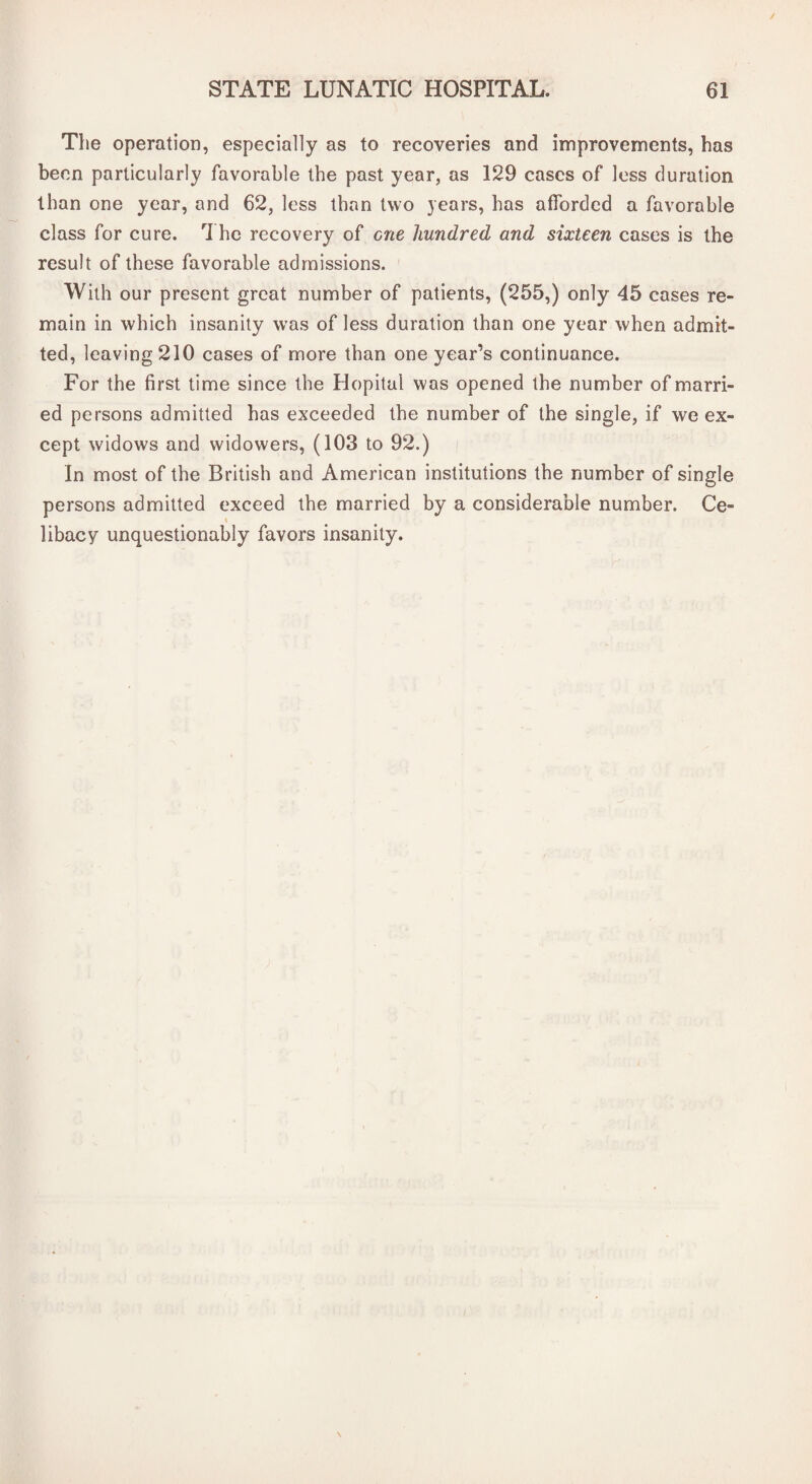 The operation, especially as to recoveries and improvements, has been particularly favorable the past year, as 129 cases of loss duration than one year, and 62, less than two years, has afforded a favorable class for cure. The recovery of one hundred and sixteen cases is the result of these favorable admissions. With our present great number of patients, (255,) only 45 cases re¬ main in which insanity was of less duration than one year when admit¬ ted, leaving 210 cases of more than one year’s continuance. For the first time since the Hopital was opened the number of marri¬ ed persons admitted has exceeded the number of the single, if we ex¬ cept widows and widowers, (103 to 92.) In most of the British and American institutions the number of single persons admitted exceed the married by a considerable number. Ce- t libacy unquestionably favors insanity.