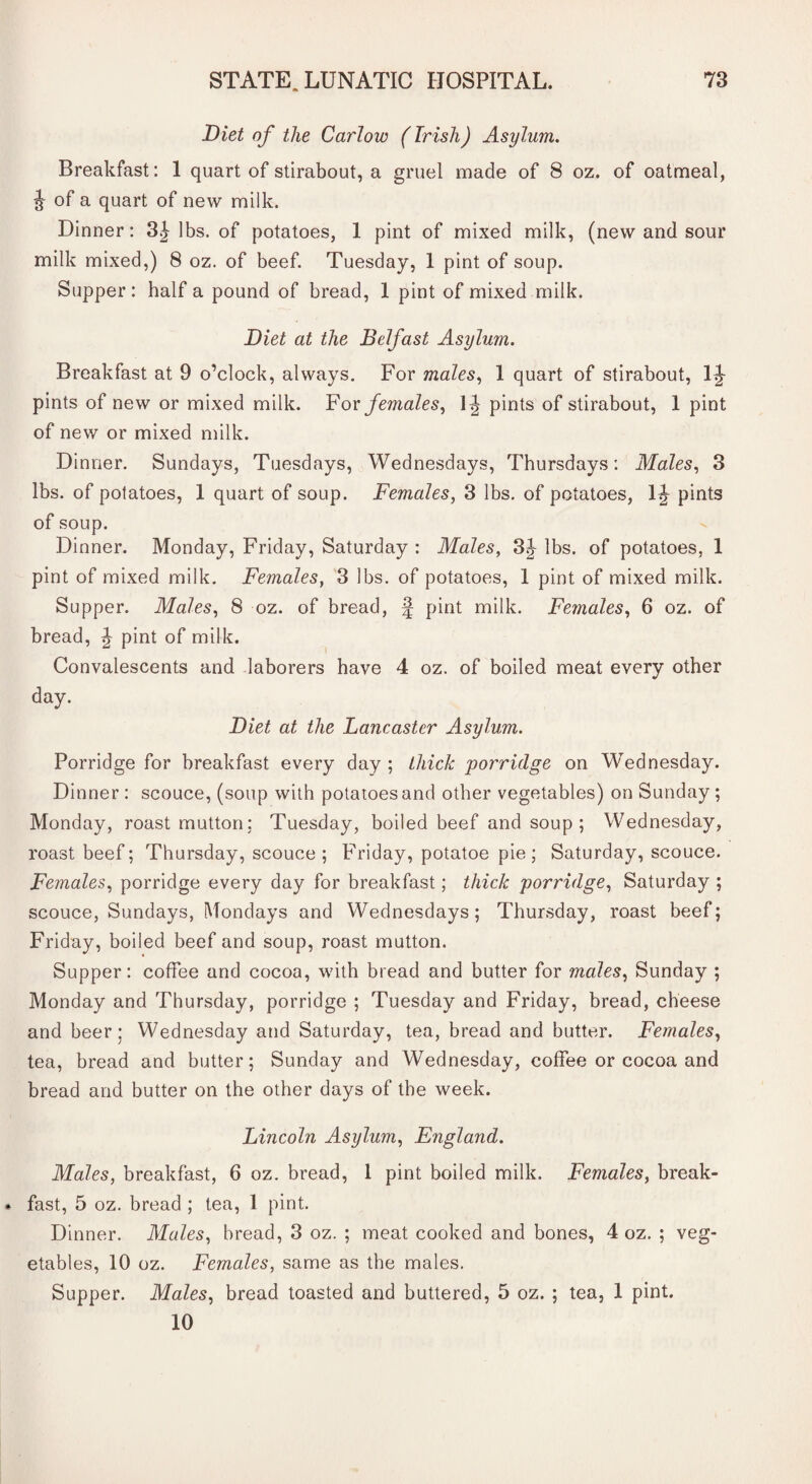 Diet of the Carlow (Irish) Asylum. Breakfast: 1 quart of stirabout, a gruel made of 8 oz. of oatmeal, J of a quart of new milk. Dinner: 3J lbs. of potatoes, 1 pint of mixed milk, (new and sour milk mixed,) 8 oz. of beef. Tuesday, 1 pint of soup. Supper : half a pound of bread, 1 pint of mixed milk. Diet at the Belfast Asylum. Breakfast at 9 o’clock, always. For males, 1 quart of stirabout, 1J- pints of new or mixed milk. For females, pints of stirabout, 1 pint of new or mixed milk. Dinner. Sundays, Tuesdays, Wednesdays, Thursdays: Males, 3 lbs. of potatoes, 1 quart of soup. Females, 3 lbs. of potatoes, pints of soup. Dinner. Monday, Friday, Saturday : Males, 3J lbs. of potatoes, 1 pint of mixed milk. Females, 3 lbs. of potatoes, 1 pint of mixed milk. Supper. Males, 8 oz. of bread, § pint milk. Females, 6 oz. of bread, J pint of milk. Convalescents and laborers have 4 oz. of boiled meat every other day. Diet at the Lancaster Asylum. Porridge for breakfast every day ; thick porridge on Wednesday. Dinner : scouce, (soup with potatoes and other vegetables) on Sunday ; Monday, roast mutton: Tuesday, boiled beef and soup ; Wednesday, roast beef; Thursday, scouce ; Friday, potatoe pie ; Saturday, scouce. Females, porridge every day for breakfast; thick porridge, Saturday ; scouce, Sundays, Mondays and Wednesdays; Thursday, roast beef; Friday, boiled beef and soup, roast mutton. Supper: coffee and cocoa, with bread and butter for males, Sunday ; Monday and Thursday, porridge ; Tuesday and Friday, bread, cheese and beer; Wednesday and Saturday, tea, bread and butter. Females, tea, bread and butter; Sunday and Wednesday, coffee or cocoa and bread and butter on the other days of the week. Lincoln Asylum, England. Males, breakfast, 6 oz. bread, 1 pint boiled milk. Females, break¬ fast, 5 oz. bread ; tea, 1 pint. Dinner. Males, bread, 3 oz. ; meat cooked and bones, 4 oz. ; veg¬ etables, 10 oz. Females, same as the males. Supper. Males, bread toasted and buttered, 5 oz. ; tea, I pint. 10