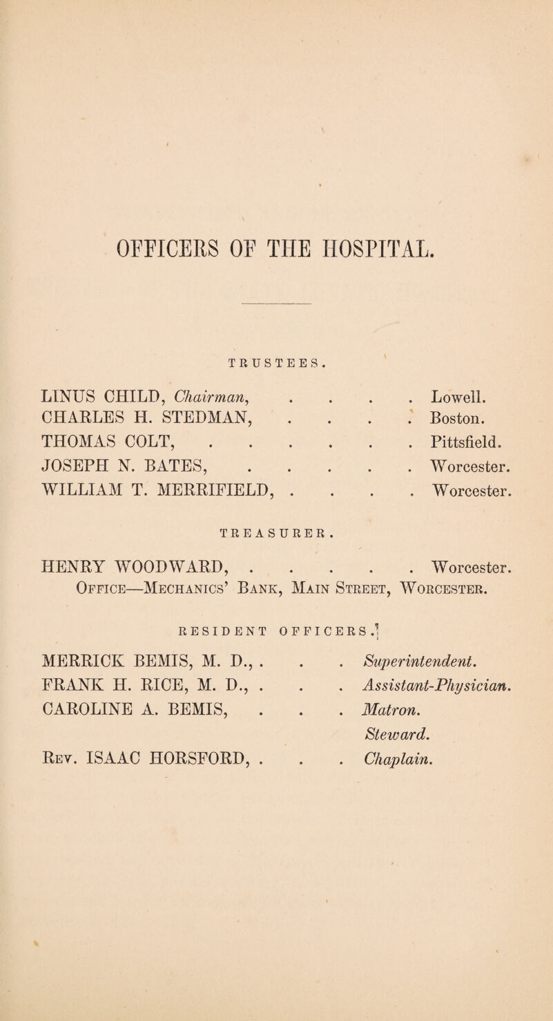 OFFICERS OF THE HOSPITAL. TRUSTEES. LINUS CHILD, Chairman, CHARLES H. STEDMAN, THOMAS COLT, JOSEPH N. BATES, WILLIAM T. MERRIFIELD, TREAS HENRY WOODWARD, . Office—Mechanics’ Bank , . . . Lowell. . Boston. . Pittsfield. . Worcester. . Worcester. REE . . Worcester. Main Street, Worcester. RESIDENT MERRICK BEMIS, M. D., . FRANK H. RICE, M. D., . CAROLINE A. BEMIS, Rey. ISAAC HORSFORD, . OFFICERS.] Superintendent. Assistant-Physician. . . Matron. Steward. . . Chaplain.