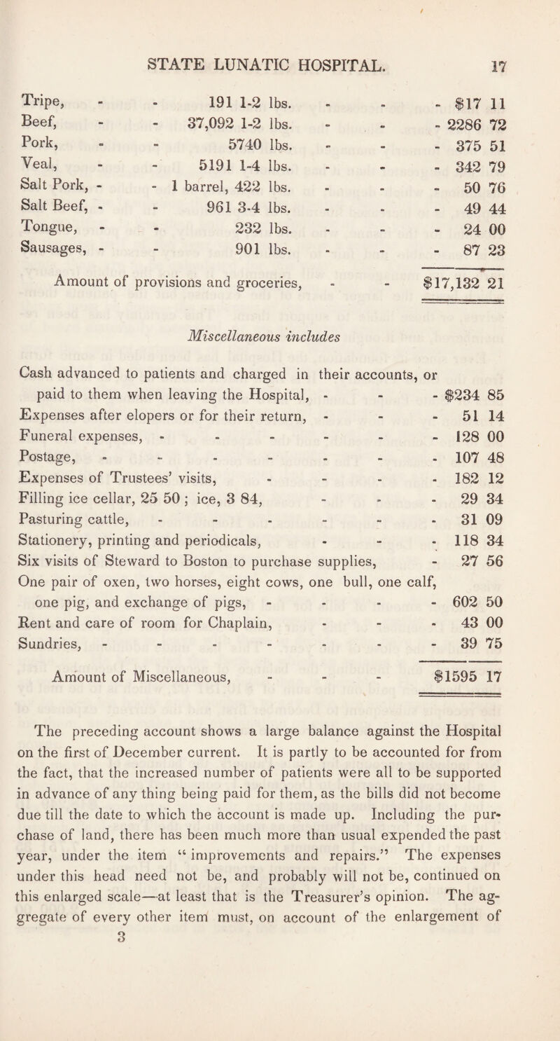 Tripe, 191 1-2 lbs. - $17 11 Beef, 37,092 1-2 lbs. - 2286 72 Pork, 5740 lbs. - - 375 51 Veal, 5191 1-4 lbs. - - 342 79 Salt Pork, - - 1 barrel, 422 lbs. .. - 50 76 Salt Beef, - 961 3-4 lbs. * - 49 44 Tongue, 232 lbs. - - 24 00 Sausages, - 901 lbs. - - 87 23 Amount of provisions and groceries. - $17,132 21 Miscellaneous includes Cash advanced to patients and charged in their accounts, or paid to them when leaving the Hospital, - - - $234 85 Expenses after elopers or for their return, - - - 51 14 Funeral expenses, - - - - - - 128 00 Postage, 107 48 Expenses of Trustees’ visits, - - - - 182 12 Filling ice cellar, 25 50 ; ice, 3 84, - - - 29 34 Pasturing cattle, - - - - - - 31 09 Stationery, printing and periodicals, - - - 118 34 Six visits of Steward to Boston to purchase supplies, - 27 56 One pair of oxen, two horses, eight cows, one bull, one calf, one pig, and exchange of pigs, ... - 602 50 Rent and care of room for Chaplain, - - - 43 00 Sundries, - - - - - - - 39 75 Amiount of Miscellaneous, . _ . $1595 17 The preceding account shows a large balance against the Hospital on the first of December current. It is partly to be accounted for from the fact, that the increased number of patients were all to be supported in advance of any thing being paid for them, as the bills did not become due till the date to which the account is made up. Including the pur¬ chase of land, there has been much more than usual expended the pa.st year, under the item “ improvements and repairs.” The expenses under this head need not be, and probably will not be, continued on this enlarged scale—at least that is the Treasurer’s opinion. The ag¬ gregate of every other item must, on account of the enlargement of 3