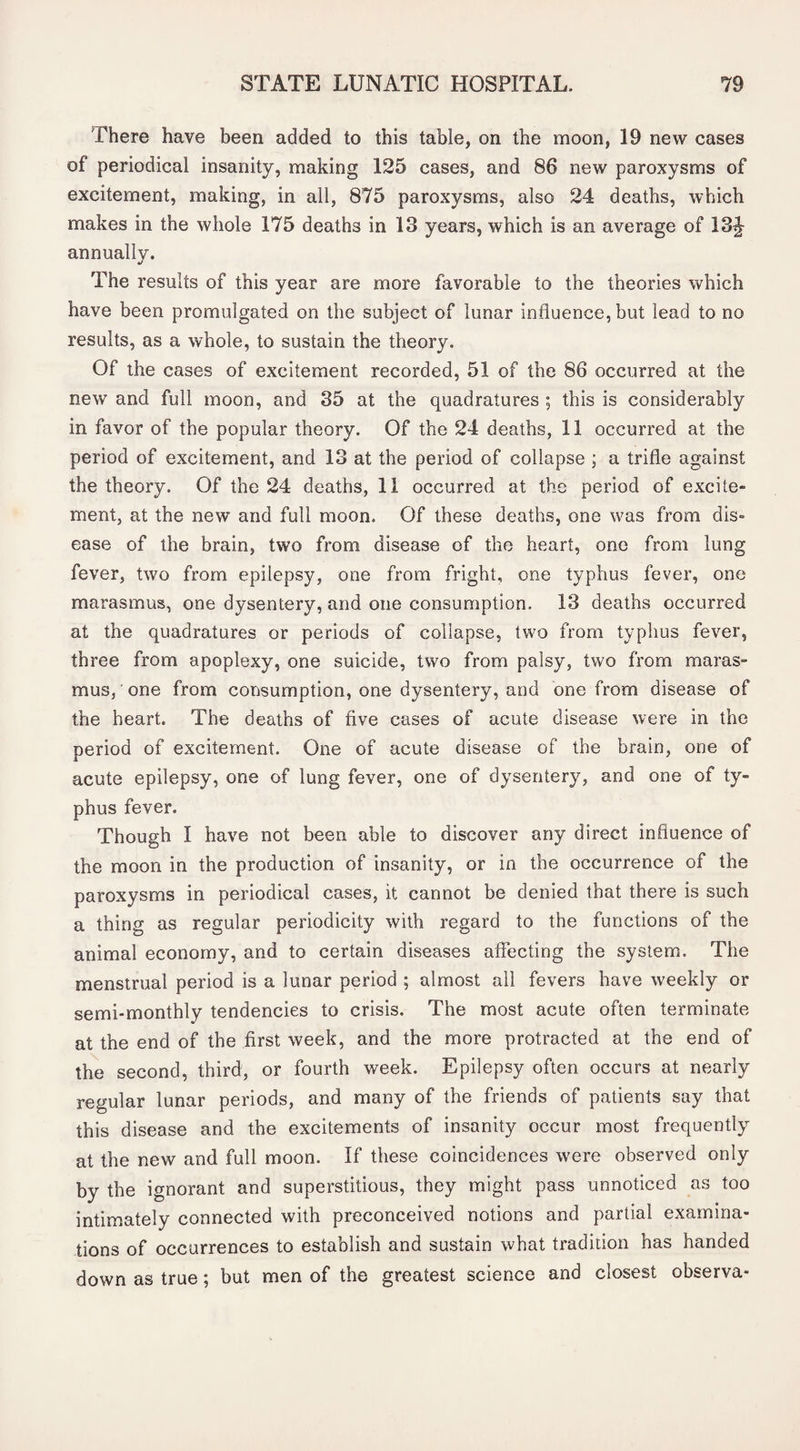 There have been added to this table, on the moon, 19 new cases of periodical insanity, making 125 cases, and 86 new paroxysms of excitement, making, in all, 875 paroxysms, also 24 deaths, which makes in the whole 175 deaths in 13 years, which is an average of 13J annually. The results of this year are more favorable to the theories which have been promulgated on the subject of lunar influence, but lead to no results, as a whole, to sustain the theory. Of the cases of excitement recorded, 51 of the 86 occurred at the new and full moon, and 35 at the quadratures ; this is considerably in favor of the popular theory. Of the 24 deaths, 11 occurred at the period of excitement, and 13 at the period of collapse ; a trifle against the theory. Of the 24 deaths, 11 occurred at the period of excite¬ ment, at the new and full moon. Of these deaths, one was from dis¬ ease of the brain, two from disease of the heart, one from lung fever, two from epilepsy, one from fright, one typhus fever, one marasmus, one dysentery, and one consumption. 13 deaths occurred at the quadratures or periods of collapse, two from typhus fever, three from apoplexy, one suicide, two from palsy, two from maras¬ mus, one from consumption, one dysentery, and one from disease of the heart. The deaths of five cases of acute disease were in the period of excitement. One of acute disease of the brain, one of acute epilepsy, one of lung fever, one of dysentery, and one of ty¬ phus fever. Though I have not been able to discover any direct influence of the moon in the production of insanity, or in the occurrence of the paroxysms in periodical cases, it cannot be denied that there is such a thing as regular periodicity with regard to the functions of the animal economy, and to certain diseases aflecting the system. The menstrual period is a lunar period ; almost all fevers have weekly or semi-monthly tendencies to crisis. The most acute often terminate at the end of the first week, and the more protracted at the end of the second, third, or fourth week. Epilepsy often occurs at nearly regular lunar periods, and many of the friends of patients say that this disease and the excitements of insanity occur most frequently at the new and full moon. If these coincidences were observed only by the ignorant and superstitious, they might pass unnoticed as too intimately connected with preconceived notions and partial examina¬ tions of occurrences to establish and sustain what tradition has handed down as true; but men of the greatest science and closest observa-