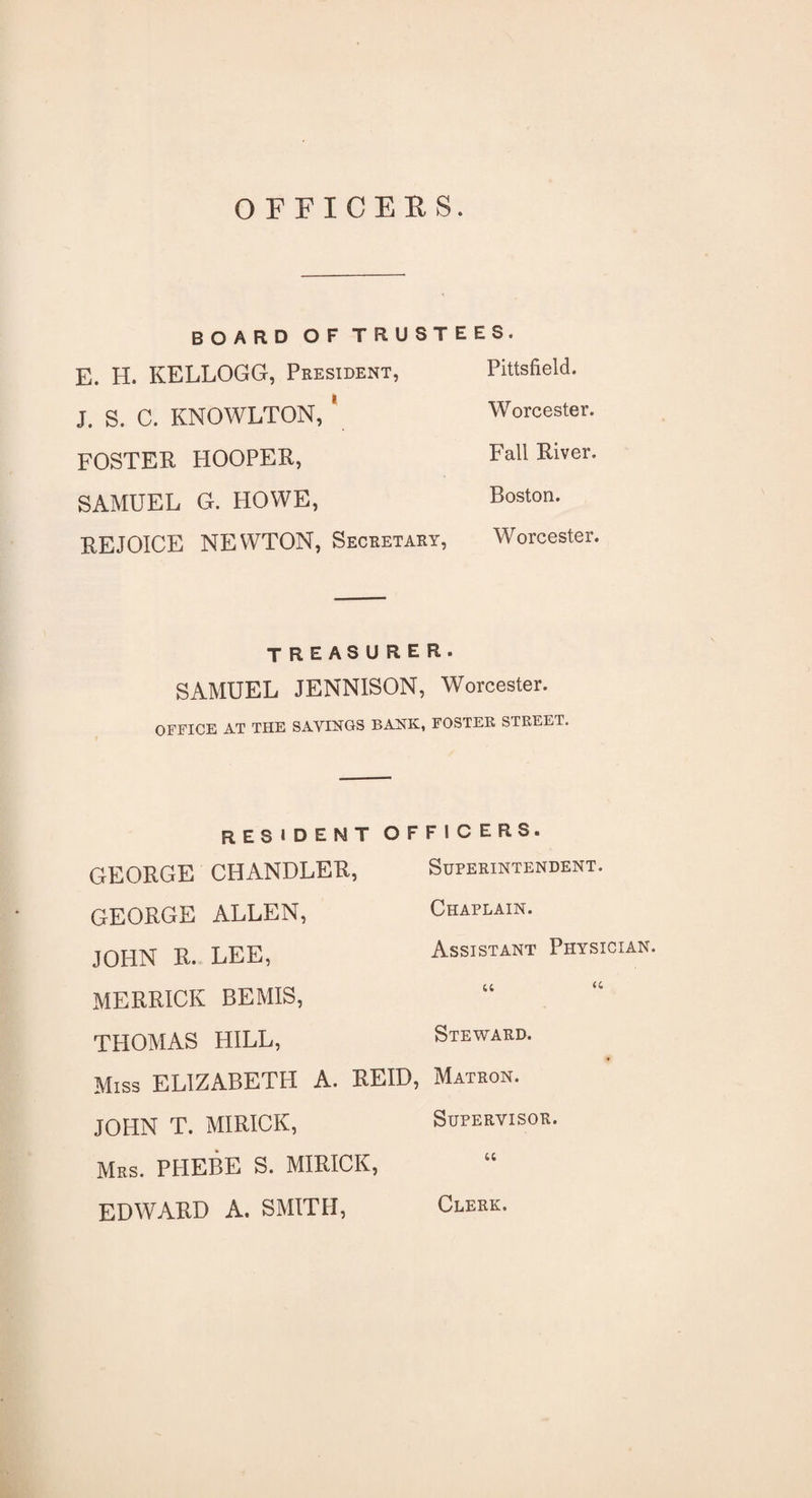 OFFICERS. BOARD OF TRUSTEES. E. H. KELLOGG, President, Pittsfield. J. S. C. KNOWLTON, ' Worcester. FOSTER HOOPER, Fali River. SAMUEL G. HOWE, Boston. REJOICE NEWTON, Secretary, Worcester. TREASURER. SAMUEL JENNISON, Worcester. OFFICE AT THE SAYINGS BANK, FOSTER STREET. RESIDENT GEORGE CHANDLER, GEORGE ALLEN, JOHN R. LEE, MERRICK BEMIS, THOMAS HILL, OFFICERS. Superintendent. Chaplain. Assistant Physician. u “ Steward. Miss ELIZABETH A. REID, Matron. JOHN T. MIRICK, Supervisor. Mrs. PHEBE S. MIRICK, EDWARD A. SMITH, Clerk.