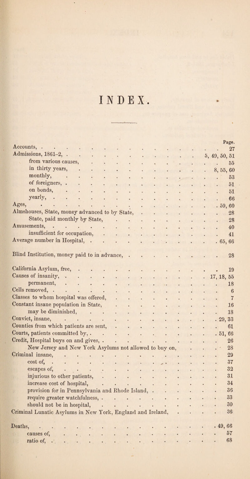 INDEX. Page. Accounts,.. . 27 Admissions, 1861-2, . .. 5, 49, 50, 51 from various causes,.55 in thirty years,.8, 55, 60 monthly,.53 of foreigners,. 51 on bonds,. .51 yearly,.. ASes>...59,60 Almshouses, State, money advanced to by State,.28 State, paid monthly by State,.28 Amusements,. 40 insufficient for occupation,.41 Average number in Hospital,.65, 66 Blind Institution, money paid to in advance, ..28 California Asylum, free,.19 Causes of insanity,.17, 18, 55 permanent,.18 Cells removed,.6 Classes to whom hospital -was offered,.7 Constant insane population in State,.16 may be diminished,.18 Convict, insane,.29, 33 Counties from which patients are sent,.61 Courts, patients committed by,.51, 66 Credit, Hospital buys on and gives,.26 New Jersey and New York Asylums not allowed to buy on, . . . * 28 Criminal insane,.29 cost of,.„.37 escapes of,.32 injurious to other patients,.31 increase cost of hospital,.34 provision for in Pennsylvania and Rhode Island, ...... 36 require greater watchfulness,.33 should not be in hospital,.30 Criminal Lunatic Asylums in New York, England and Ireland, .... 36 Deaths,.49, 66 causes of,.57 ratio of,.68