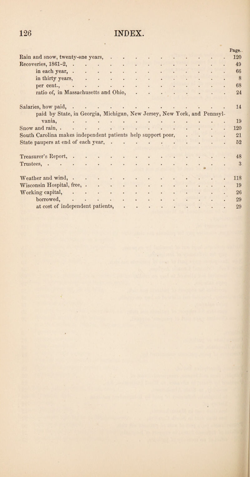 Page. Rain and snow, twenty-one years,.120 Recoveries, 1861-2,.49 in each year,.66 in thirty years,.8 per cent.,.68 ratio of, in Massachusetts and Ohio,.24 Salaries, how paid,.14 paid by State, in Georgia, Michigan, New Jersey, New York, and Pennsyl¬ vania, .19 Snow and rain,.120 South Carolina makes independent patients help support poor, .... 21 State paupers at end of each year,.52 Treasurer’s Report,.48 Trustees,.3 Weather and wind,.118 Wisconsin Hospital, free,.19 Working capital,.26 borrowed,.29 at cost of independent patients,.29