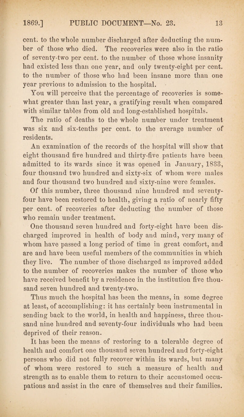 cent, to the whole number discharged after deducting the num¬ ber of those who died. The recoveries were also in the ratio of seventy-two per cent, to the number of those whose insanity had existed less than one year, and only twenty-eight per cent, to the number of those who had been insane more than one year previous to admission to the hospital. You will perceive that the percentage of recoveries is some¬ what greater than last year, a gratifying result when compared with similar tables from old and long-established hospitals. The ratio of deaths to the whole number under treatment was six and six-tenths per cent, to the average number of residents. An examination of the records of the hospital will show that eight thousand five hundred and thirty-five patients have been admitted to its wards since it was opened in January, 1833, four thousand two hundred and sixty-six of whom were males and four thousand two hundred and sixty-nine were females. Of this number, three thousand nine hundred and seventy- four have been restored to health, giving a ratio of nearly fifty per cent, of recoveries after deducting the number of those who remain under treatment. One thousand seven hundred and forty-eight have been dis¬ charged improved in health of body and mind, very many of whom have passed a long period of time in great comfort, and are and have been useful members of the communities in which they live. The number of those discharged as improved added to the number of recoveries makes the number of those who have received benefit by a residence in the institution five thou¬ sand seven hundred and twenty-two. Thus much the hospital has been the means, in some degree at least, of accomplishing: it has certainly been instrumental in sending back to the world, in health and happiness, three thou¬ sand nine hundred and seventy-four individuals who had been deprived of their reason. It has been the means of restoring to a tolerable degree of health and comfort one thousand seven hundred and forty-eight persons who did not fully recover within its wards, but many of whom were restored to such a measure of health and strength as to enable them to return to their accustomed occu¬ pations and assist in the care of themselves and their families.