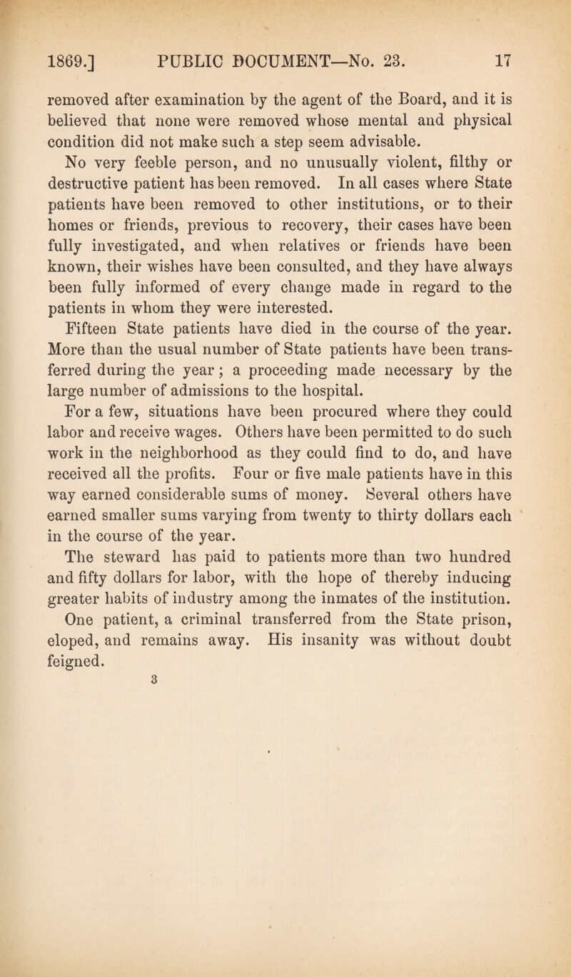 removed after examination by the agent of the Board, and it is believed that none were removed whose mental and physical condition did not make such a step seem advisable. No very feeble person, and no unusually violent, filthy or destructive patient has been removed. In all cases where State patients have been removed to other institutions, or to their homes or friends, previous to recovery, their cases have been fully investigated, and when relatives or friends have been known, their wishes have been consulted, and they have always been fully informed of every change made in regard to the patients in whom they were interested. Fifteen State patients have died in the course of the year. More than the usual number of State patients have been trans¬ ferred during the year; a proceeding made necessary by the large number of admissions to the hospital. For a few, situations have been procured where they could labor and receive wages. Others have been permitted to do such work in the neighborhood as they could find to do, and have received all the profits. Four or five male patients have in this way earned considerable sums of money. Several others have earned smaller sums varying from twenty to thirty dollars each in the course of the year. The steward has paid to patients more than two hundred and fifty dollars for labor, with the hope of thereby inducing greater habits of industry among the inmates of the institution. One patient, a criminal transferred from the State prison, eloped, and remains away. His insanity was without doubt feigned. 3