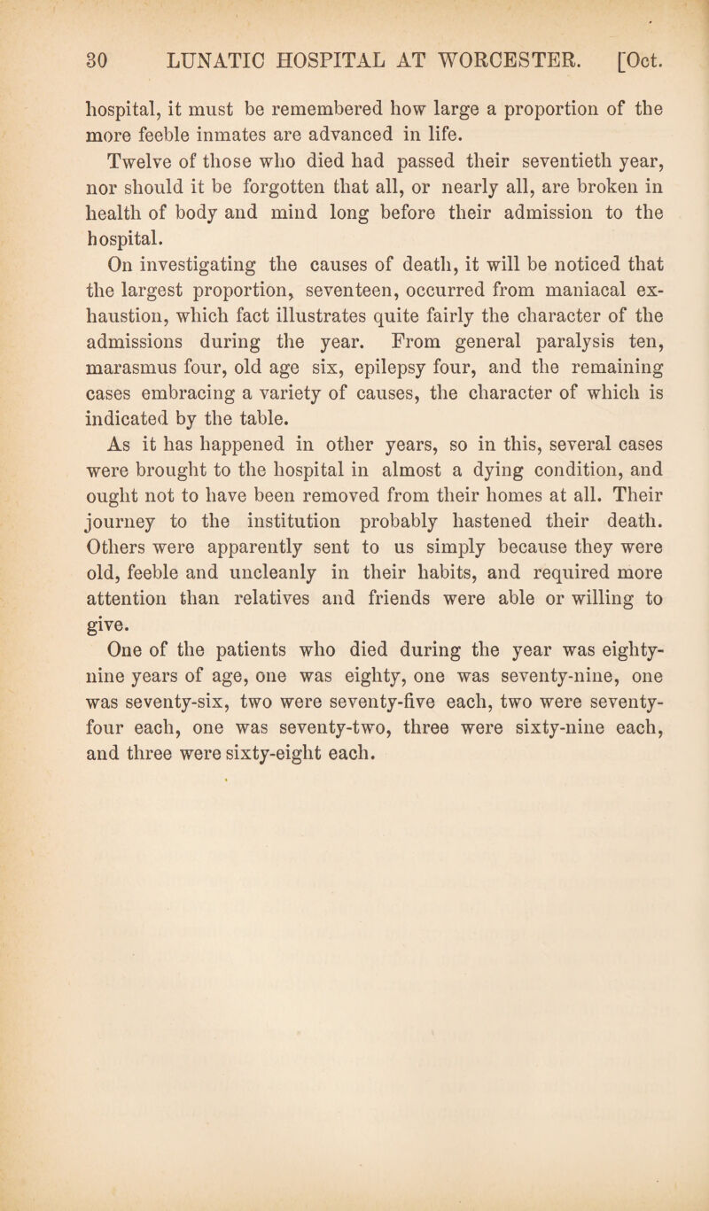 hospital, it must be remembered how large a proportion of the more feeble inmates are advanced in life. Twelve of those who died had passed their seventieth year, nor should it be forgotten that all, or nearly all, are broken in health of body and mind long before their admission to the hospital. On investigating the causes of death, it will be noticed that the largest proportion, seventeen, occurred from maniacal ex¬ haustion, which fact illustrates quite fairly the character of the admissions during the year. From general paralysis ten, marasmus four, old age six, epilepsy four, and the remaining cases embracing a variety of causes, the character of which is indicated by the table. As it has happened in other years, so in this, several cases were brought to the hospital in almost a dying condition, and ought not to have been removed from their homes at all. Their journey to the institution probably hastened their death. Others were apparently sent to us simply because they were old, feeble and uncleanly in their habits, and required more attention than relatives and friends were able or willing to give. One of the patients who died during the year was eighty- nine years of age, one was eighty, one was seventy-nine, one was seventy-six, two were seventy-five each, two were seventy- four each, one was seventy-two, three were sixty-nine each, and three were sixty-eight each.