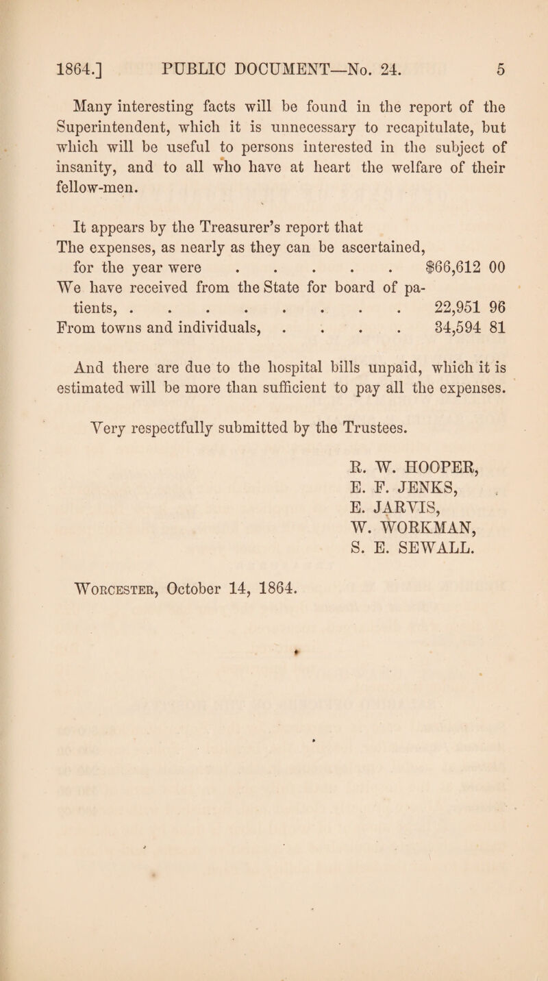 Many interesting facts will be found in the report of the Superintendent, which it is unnecessary to recapitulate, but which will be useful to persons interested in the subject of insanity, and to all who have at heart the welfare of their fellow-men. It appears by the Treasurer’s report that The expenses, as nearly as they can be ascertained, for the year were. 166,612 00 We have received from the State for board of pa¬ tients, ........ 22,951 96 From towns and individuals, .... 84,594 81 And there are due to the hospital bills unpaid, which it is estimated will be more than sufficient to pay all the expenses. Yery respectfully submitted by the Trustees. R. W. HOOPER, E. F. JENKS, E. JARVIS, W. WORKMAN, S. E. SEWALL. Worcester, October 14, 1864.