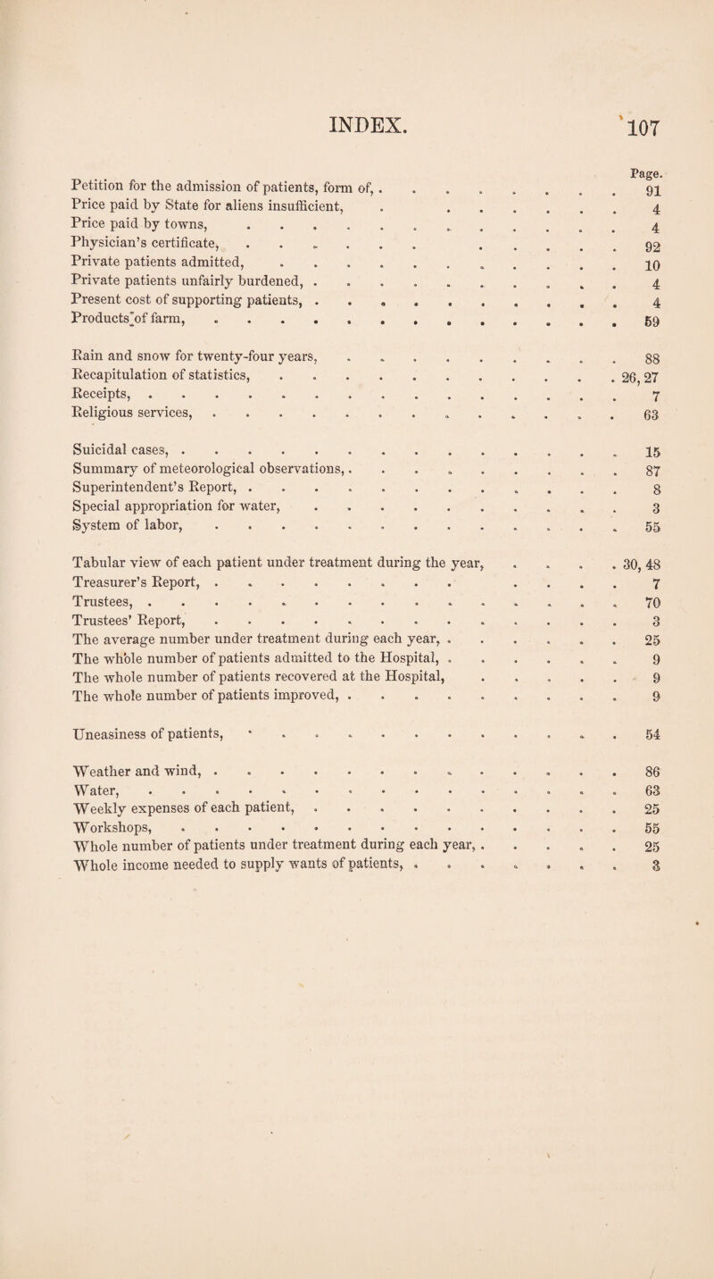 Page. Petition for the admission of patients, form of,........ 91 Price paid by State for aliens insufficient, . .4 Price paid by towns,.4 Physician’s certificate, ...... ..... 92 Private patients admitted,.. 10 Private patients unfairly burdened, ........ 4 Present cost of supporting patients, . . .. 4 Products'of farm,.. 59 Pain and snow for twenty-four years, . .. . 88 Eecapitulation of statistics, . ..26, 27 Receipts,.. ..7 Religious services,.. 63 Suicidal cases,. 15 Summary of meteorological observations,......... 87 Superintendent’s Report, ............ g Special appropriation for water,. 3 System of labor, .............. 55 Tabular view of each patient under treatment during the year, Treasurer’s Report, ........ Trustees,.. Trustees’ Report,. The average number under treatment during each year, . The whole number of patients admitted to the Hospital, . The whole number of patients recovered at the Hospital, The whole number of patients improved, . 30, 48 7 70 O o 25 9 9 9 Uneasiness of patients, 54 Weather and wind, .......... W ater, ........... Weekly expenses of each patient, ...... Workshops, .. Whole number of patients under treatment during each year, . Whole income needed to supply wants of patients, . 86 63 25 55 25 3