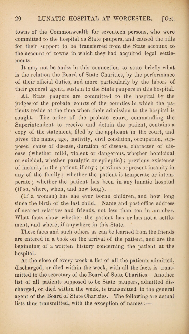 towns of the Commonwealth for seventeen persons, who were committed to the hospital as State paupers, and caused the bills for their support to be transferred from the State account to the account of towns in which they had acquired legal settle¬ ments. It may not be amiss in this connection to state briefly what is the relation the Board of State Charities, by the performance of their official duties, and more particularly by the labors of their general agent, sustain to the State paupers in this hospital. All State paupers are committed to the hospital by the judges of the probate courts of the counties in which the pa¬ tients reside at the time when their admission to the hospital is sought. The order of the probate court, commanding the Superintendent to receive and detain the patient, contains a copy of the statement, filed by the applicant in the court, and gives the name, age, nativity, civil condition, occupation, sup¬ posed cause of disease, duration of disease, character of dis¬ ease (whether mild, violent or dangerous, whether homicidal or suicidal, whether paralytic or epileptic) ; previous existence of insanity in the patient, if any ; previous or present insanity in any of the family ; whether the patient is temperate or intem¬ perate ; whether the patient has been in any lunatic hospital (if so, where, when, and how long). (If a woman) has she ever borne children, and how long since the birth of the last child. Name and post-office address of nearest relatives and friends, not less than ten in .number. What facts show whether the patient has or has not a settle¬ ment, and where, if anywhere in this State. These facts and such others as can be learned from the friends are entered in a book on the arrival of the patient, and are the beginning of a written history concerning the patient at the hospital. At the close of every week a list of all the patients admitted, discharged, or died within the week, with all the facts is trans¬ mitted to the secretary of the Board of State Charities. Another list of all patients supposed to be State paupers, admitted dis¬ charged, or died within the week, is transmitted to the general agent of the Board of State Charities. The following are actual lists thus transmitted, with the exception of names :—