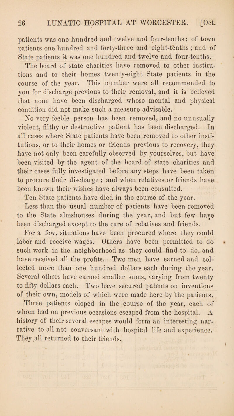 patients was one hundred and twelve and four-tenths; of town patients one hundred and forty-three and eight-tenths; and of Stale patients if was one hundred and twelve and four-tenths. The board of state charities have removed to other institu¬ tions and to their homes twenty-eight State patients in the course of the year. This number were all recommended to you for discharge previous to their removal, and it is believed that none have been discharged whose mental and physical condition did not make such a measure advisable. No very feeble person has been removed, and no unusually violent, filthy or destructive patient has been discharged. In all cases where State patients have been removed to other insti¬ tutions, or to their homes or friends previous to recovery, they have not only been carefully observed by yourselves, but have been visited by the agent of the board of state charities and their cases fully investigated before any steps have been taken to procure their discharge ; and when relatives or friends have been known their wishes have always been consulted. Ten State patients have died in the course of the year. Less than the usual number of patients have been removed to the State almshouses during the year, and but few have been discharged except to the care of relatives and friends. For a few, situations have been procured where they could labor and receive wages. Others have been permitted to do such work in the neighborhood as they could find to do, and have received all the profits. Two men have earned and col¬ lected more than one hundred dollars each during the year. Several others have earned smaller sums, varying from twenty to fifty dollars each. Two have secured patents on inventions of their own, models of which were made here by the patients. Three patients eloped in the course of the year, each of whom had on previous occasions escaped from the hospital. A history of their several escapes would form an interesting nar¬ rative to all not conversant with hospital life and experience. They all returned to their friends.