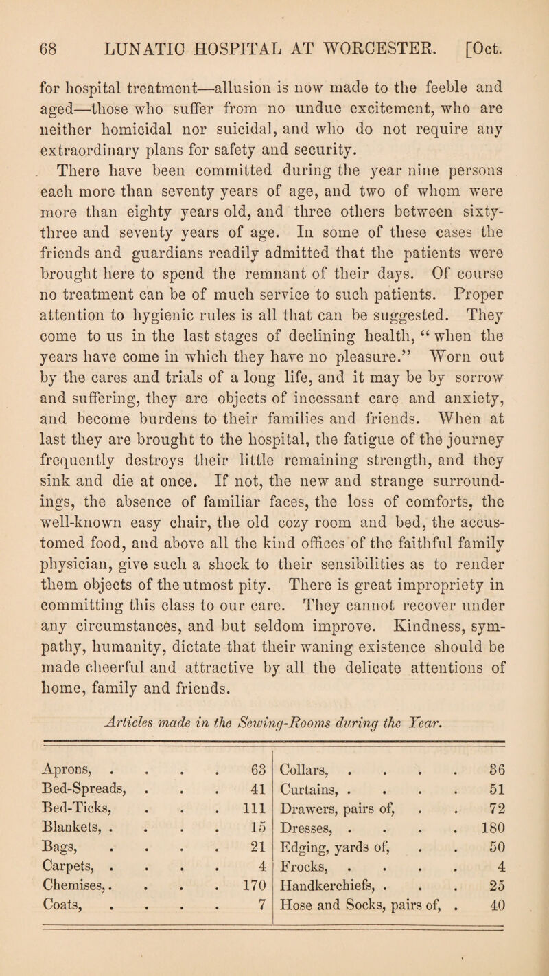 for hospital treatment—allusion is now made to the feeble and aged—those who suffer from no undue excitement, who are neither homicidal nor suicidal, and who do not require any extraordinary plans for safety and security. There have been committed during the year nine persons each more than seventy years of age, and two of whom were more than eighty years old, and three others between sixty- three and seventy years of age. In some of these cases the friends and guardians readily admitted that the patients were brought here to spend the remnant of their days. Of course no treatment can be of much service to such patients. Proper attention to hygienic rules is all that can be suggested. They come to us in the last stages of declining health, “ when the years have come in which they have no pleasure.” Worn out by the cares and trials of a long life, and it may be by sorrow and suffering, they are objects of incessant care and anxiety, and become burdens to their families and friends. When at last they are brought to the hospital, the fatigue of the journey frequently destroys their little remaining strength, and they sink and die at once. If not, the new and strange surround¬ ings, the absence of familiar faces, the loss of comforts, the well-known easy chair, the old cozy room and bed, the accus¬ tomed food, and above all the kind offices of the faithful family physician, give such a shock to their sensibilities as to render them objects of the utmost pity. There is great impropriety in committing this class to our care. They cannot recover under any circumstances, and but seldom improve. Kindness, sym¬ pathy, humanity, dictate that their waning existence should be made cheerful and attractive by all the delicate attentions of home, family and friends. Articles made in the Sewing-Rooms during the Year. Aprons, 63 Collars, .... 36 Bed-Spreads, 41 Curtains, .... 51 Bed-Ticks, . Ill Drawers, pairs of, 72 Blankets, . 15 Dresses, .... 180 Bags, 21 Edging, yards of, 50 Carpets, . 4 Frocks, .... 4 Chemises,. . 170 Handkerchiefs, . 25 Coats, 7 Hose and Socks, pairs of, . 40