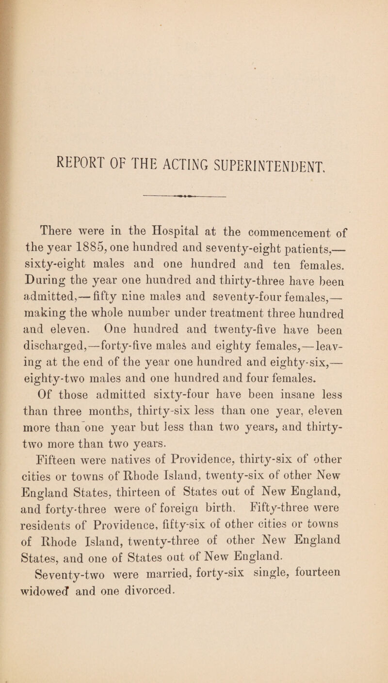 REPORT OF THE ACTING SUPERINTENDENT. There were in the Hospital at the commencement of the year 1885, one hundred and seventy-eight patients,— sixty-eight males and one hundred and ten females. During the year one hundred and thirty-three have been admitted,—fifty nine males and seventy-four females,— making the whole number under treatment three hundred and eleven. One hundred and twenty-five have been discharged,—forty-five males and eighty females,—leav¬ ing at the end of the year one hundred and eighty-six,— eighty-two males and one hundred and four females. Of those admitted sixty-four have been insane less than three months, thirty-six less than one year, eleven more than one year but less than two years, and thirty- two more than two years. Fifteen were natives of Providence, thirty-six of other cities or towns of Rhode Island, twenty-six of other New England States, thirteen of States out of New England, and forty-three were of foreign birth. Fifty-three were residents of Providence, fifty-six of other cities or towns of Rhode Island, twenty-three of other New England States, and one of States out of New England. Seventy-two were married, forty-six single, fourteen widowed and one divorced.