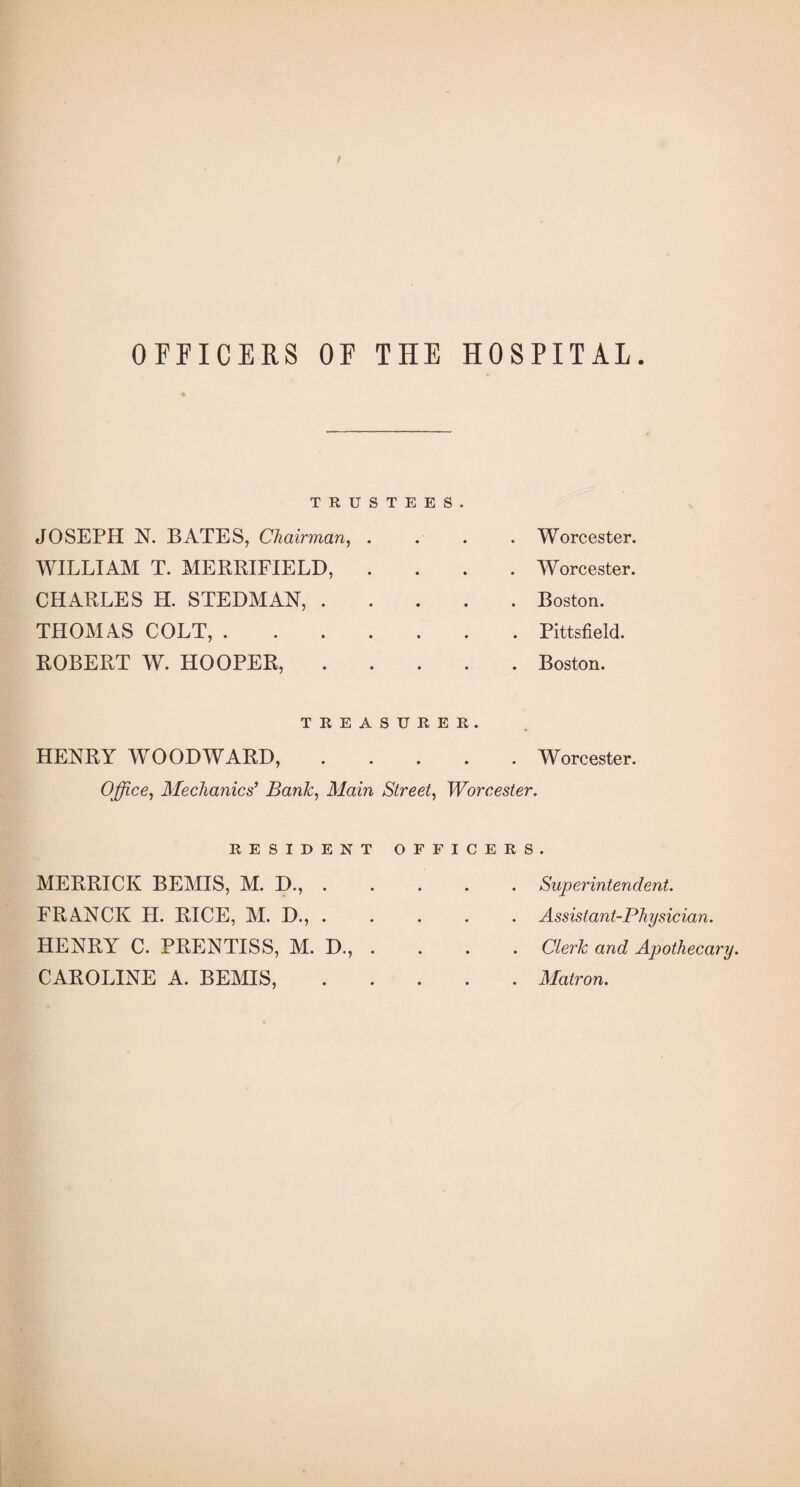 OFPICERS OF THE HOSPITAL. TRUSTEES. JOSEPH N. BATES, Chairman^ . WILLIAM T. MERRIFIELD, . CHARLES H. STEDMAN, . . . . TH0M4S COLT,. ROBERT W. HOOPER, . Worcester. . Worcester. . Boston. . Pittsfield. . Boston. TREASURER. HENRY WOODWARD,.Worcester. Office^ Mechanics’ Bank, Main Street, Worcester. RESIDENT MERRICK BEMIS, M. D., . FRANCK H. RICE, M. D., . HENRY C. PRENTISS, M. D., . CAROLINE A. BEMIS, OFFICERS. . . . Superintendent. . . . Assistant-Physician. . . . Clerk and Apothecary. . . . Matron.