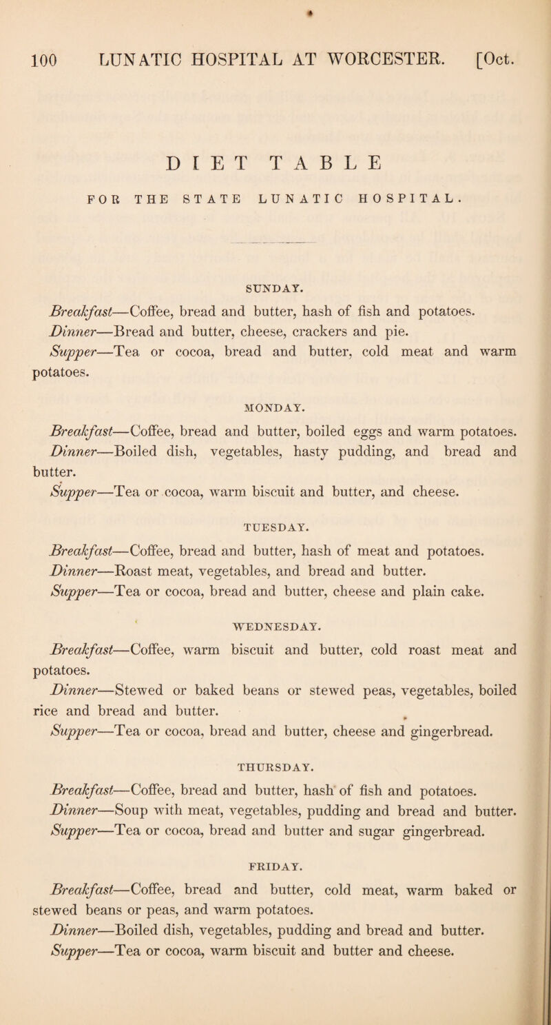 DIET TABLE FOR THE STATE LUNATIC HOSPITAL. SUNDAY. Breakfast—Coffee, bread and butter, hash of fish and potatoes. Dinner—Bread and butter, cheese, crackers and pie. Supper—Tea or cocoa, bread and butter, cold meat and warm potatoes. MONDAY. Breakfast—Coffee, bread and butter, boiled eggs and warm potatoes. Dinner—Boiled dish, vegetables, hasty pudding, and bread and butter. Supper—Tea or cocoa, warm biscuit and butter, and cheese. TUESDAY. Breakfast—Coffee, bread and butter, hash of meat and potatoes. Dinner—Roast meat, vegetables, and bread and butter. Supper—Tea or cocoa, bread and butter, cheese and plain cake. VTEDNESDAY. Breakfast—Coffee, warm biscuit and butter, cold roast meat and potatoes. Dinner—Stewed or baked beans or stewed peas, vegetables, boiled rice and bread and butter. Supper—Tea or cocoa, bread and butter, cheese and gingerbread. THURSDAY. Breakfast—Coffee, bread and butter, hash of fish and potatoes. Dinner—Soup with meat, vegetables, pudding and bread and butter. Supper—Tea or cocoa, bread and butter and sugar gingerbread. FRIDAY. Breakfast—Coffee, bread and butter, cold meat, warm baked or stewed beans or peas, and warm potatoes. Dinner—Boiled dish, vegetables, pudding and bread and butter. Supper—Tea or cocoa, warm biscuit and butter and cheese.