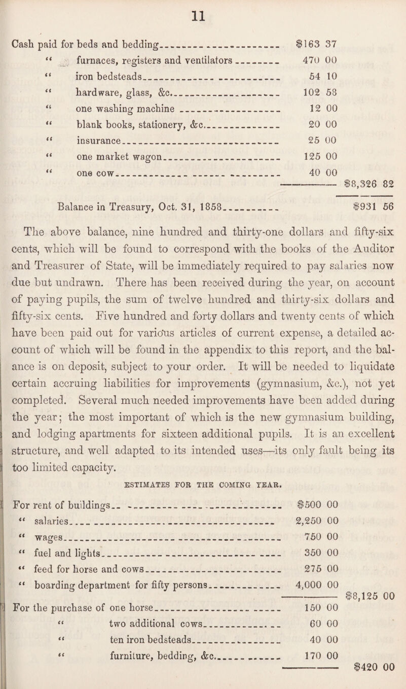 Cash paid for beds and bedding______$ 183 37 “ furnaces, registers and ventilators__ 470 00 “ iron bedsteads__ 54 10 “ hardware, glass, &c.__ 102 53 “ one washing machine___ 12 00 “ blank books, stationery, <fec_ 20 00 “ insurance___ 25 00 “ one market wagon_____._. 125 00 “ one cow______ __ 40 00 S3,326 82 Balance in Treasury, Oct, 31, 1858 $931 56 The above balance, nine hundred and thirty-one dollars and fifty-six cents, which will be found to correspond with the books of the Auditor and Treasurer of State, will be immediately required to pay salaries now due but undrawn. There has been received during the year, on account of paying pupils, the sum of twelve hundred and thirty-six dollars and fifty-six cents. Five hundred and forty dollars and twenty cents of which have been paid out for varicfus articles of current expense, a detailed ac¬ count of which will be found in the appendix to this report, and the bal¬ ance is on deposit, subject to your order. It will be needed to liquidate certain accruing liabilities for improvements (gymnasium, &c.), not yet completed. Several much needed improvements have been added during the year; the most important of which is the new gymnasium building, and lodging apartments for sixteen additional pupils. It is an excellent ; structure, and well adapted to its intended uses—its only fault being its too limited capacity. ESTIMATES FOR THE COMING TEAR. ; For rent of buildings__-____$500 00 ec salaries,________ 2,250 00 “ wages___-_ 750 00 “ fuel and lights____________ 350 00 “ feed for horse and cows__._ 275 00 “ boarding department for fifty persons___ 4,000 00 For the purchase of one horse_______ 150 00 two additional cows__„__ 60 00 ten iron bedsteads___ 40 00 furniture, bedding, <fcc.__ __ 170 00 $8,125 00 $420 00
