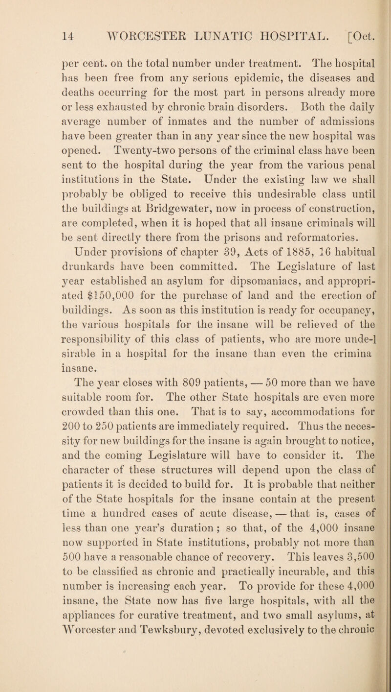 per cent, on the total number under treatment. The hospital has been free from any serious epidemic, the diseases and deaths occurring for the most part in persons already more or less exhausted by chronic brain disorders. Both the daily average number of inmates and the number of admissions have been greater than in any year since the new hospital was opened. Twenty-two persons of the criminal class have been sent to the hospital during the year from the various penal institutions in the State. Under the existing law we shall probably be obliged to receive this undesirable class until the buildings at Bridgewater, now in process of construction, are completed, when it is hoped that all insane criminals will be sent directly there from the prisons and reformatories. Under provisions of chapter 39, Acts of 1885, 16 habitual drunkards have been committed. The Legislature of last year established an asylum for dipsomaniacs, and appropri¬ ated $150,000 for the purchase of land and the erection of buildings. As soon as this institution is ready for occupancy, the various hospitals for the insane will be relieved of the responsibility of this class of patients, who are more unde-1 sirable in a hospital for the insane than even the crimina insane. The year closes with 809 patients, — 50 more than we have suitable room for. The other State hospitals are even more crowded than this one. That is to say, accommodations for 200 to 250 patients are immediately required. Thus the neces¬ sity for new buildings for the insane is again brought to notice, and the coming Legislature will have to consider it. The character of these structures will depend upon the class of patients it is decided to build for. It is probable that neither of the State hospitals for the insane contain at the present time a hundred cases of acute disease, — that is, cases of less than one year’s duration ; so that, of the 4,000 insane now supported in State institutions, probably not more than 500 have a reasonable chance of recovery. This leaves 3,500 to be classified as chronic and practically incurable, and this number is increasing each year. To provide for these 4,000 insane, the State now has five large hospitals, with all the appliances for curative treatment, and two small asylums, at Worcester and Tewksbury, devoted exclusively to the chronic