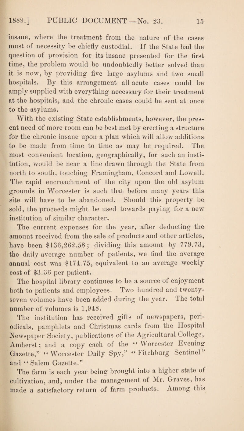 insane, where the treatment from the nature of the cases must of necessity be chiefly custodial. If the State had the question of provision for its insane presented for the first time, the problem would be undoubtedly better solved than it is now, by providing five large asylums and two small hospitals. By this arrangement all acute cases could be amply supplied with everything necessary for their treatment at the hospitals, and the chronic cases could be sent at once to the asylums. With the existing State establishments, however, the pres¬ ent need of more room can be best met by erecting a structure for the chronic insane upon a plan which will allow additions to be made from time to time as may be required. The most convenient location, geographically, for such an insti¬ tution, would be near a line drawn through the State from north to south, touching Framingham, Concord and Lowell. The rapid encroachment of the city upon the old asylum grounds in Worcester is such that before many years this site will have to be abandoned. Should this property be sold, the proceeds might be used towards paying for a new institution of similar character. The current expenses for the year, after deducting the amount received from the sale of products and other articles, have been $136,262.58; dividing this amount by 779.73, the daily average number of patients, we find the average annual cost was $174.75, equivalent to an average weekly cost of $3.36 per patient. The hospital library continues to be a source of enjoyment both to patients and employees. Two hundred and twenty- seven volumes have been added during the year. The total number of volumes is 1,948. The institution has received gifts of newspapers, peri¬ odicals, pamphlets and Christmas cards from the Hospital Newspaper Society, publications of the Agricultural College, Amherst; and a copy each of the “Worcester Evening Gazette,” “Worcester Daily Spy,” “Fitchburg Sentinel and “ Salem Gazette.” The farm is each year being brought into a higher state of cultivation, and, under the management of Mr. Graves, has made a satisfactory return of farm products. Among this