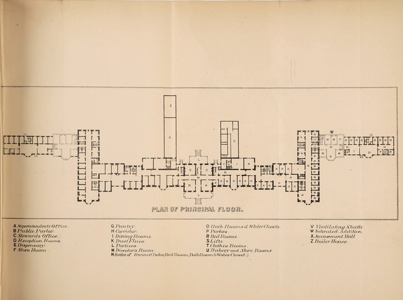 1- H 1 E P 1 D M I A SuperinterKten tv () flier . B Hublic l jc/j‘Iot' C Stewards Office. D H eeep don Ttoo ms. E Dispensary; F Store Roorm . G Pan try. H Corridor. I D ininx/Rooms. K Dus! Flues. L ’Porticos. M Directors Hoorn.. N'jxiites of do on IS (Ikitor.Beri Ro om, Bf 0 Bath Ft o ones <& da ter'(Josefs. P Parlors. R BecLRooms. S Lifts. T Cloth es Rooms. U R cCkefjrcuvd Store Roof res ithRoorrLfr Water Clo set.) V Mrniifciting Shafts W betended Addition X Amusement Nall Z Hot ter House.