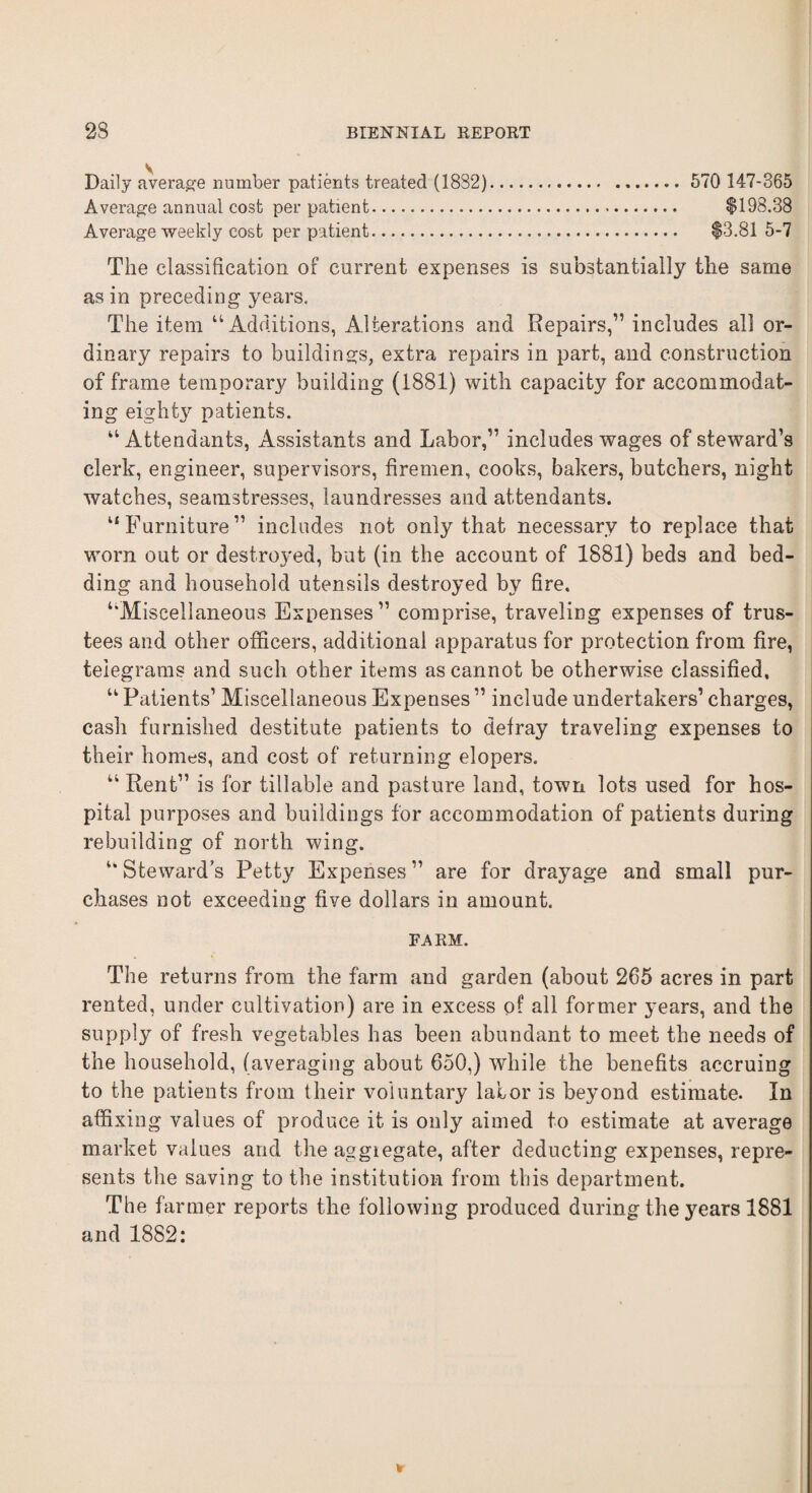 Daily average number patients treated (18S2)... 570 147-365 Average annual cost per patient. $198.38 Average weekly cost per patient. $3.81 5-7 The classification of current expenses is substantially the same as in preceding years. The item “Additions, Alterations and Repairs,1’ includes all or¬ dinary repairs to buildings, extra repairs in part, and construction of frame temporary building (1881) with capacity for accommodat¬ ing eighty patients. “ Attendants, Assistants and Labor,” includes wages of steward’s clerk, engineer, supervisors, firemen, cooks, bakers, butchers, night watches, seamstresses, laundresses and attendants. “Furniture” includes not only that necessary to replace that worn out or destroyed, but (in the account of 1881) beds and bed¬ ding and household utensils destroyed by fire. “Miscellaneous Expenses” comprise, traveling expenses of trus¬ tees and other officers, additional apparatus for protection from fire, telegrams and such other items as cannot be otherwise classified, “ Patients’ Miscellaneous Expenses ” include undertakers’ charges, cash furnished destitute patients to defray traveling expenses to their homes, and cost of returning elopers. “ Rent” is for tillable and pasture land, town lots used for hos¬ pital purposes and buildings for accommodation of patients during rebuilding of north wing. “ Stewards Petty Expenses ” are for drayage and small pur¬ chases not exceeding five dollars in amount. FARM. The returns from the farm and garden (about 265 acres in part rented, under cultivation) are in excess of all former years, and the supply of fresh vegetables has been abundant to meet the needs of the household, (averaging about 650,) while the benefits accruing to the patients from their voluntary labor is beyond estimate. In affixing values of produce it is only aimed to estimate at average market values and the aggiegate, after deducting expenses, repre¬ sents the saving to the institution from this department. The farmer reports the following produced during the years 1881 and 1882: