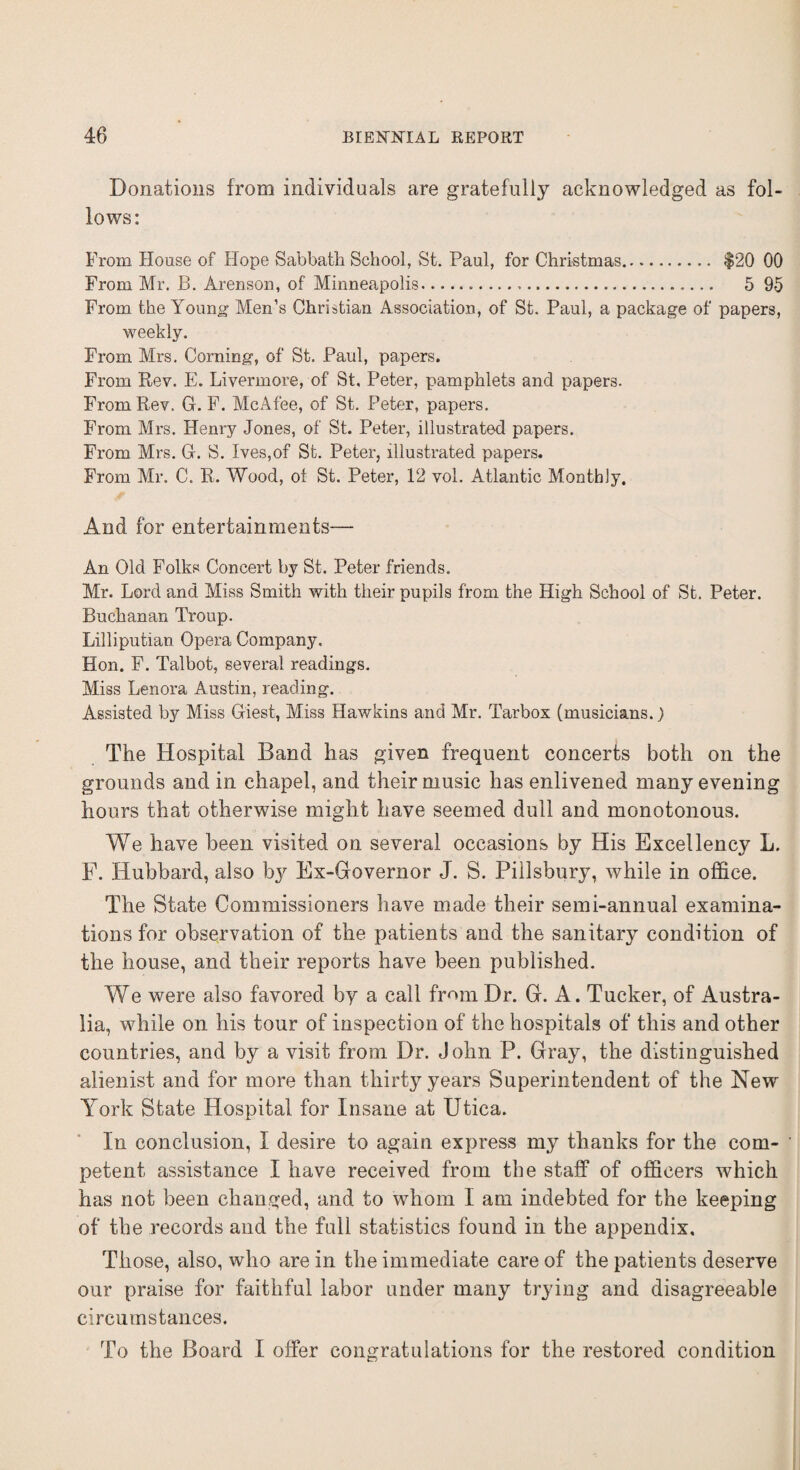 Donations from individuals are gratefully acknowledged as fol¬ lows: From House of Hope Sabbath School, St. Paul, for Christmas. $20 00 From Mr. B. Arenson, of Minneapolis. 5 95 From the Young- Men’s Christian Association, of St. Paul, a package of papers, weekly. From Mrs. Corning, of St. Paul, papers. From Rev. E. Livermore, of St, Peter, pamphlets and papers. From Rev. G. F. McAfee, of St. Peter, papers. From Mrs. Henry Jones, of St. Peter, illustrated papers. From Mrs. G. S. Ives,of St. Peter, illustrated papers. From Mr. C. R. Wood, of St. Peter, 12 vol. Atlantic Monthly. And for entertainments— An Old Folks Concert by St. Peter friends. Mr. Lord and Miss Smith with their pupils from the High School of St. Peter. Buchanan Troup. Lilliputian Opera Company. Hon. F. Talbot, several readings. Miss Lenora Austin, reading. Assisted by Miss Giest, Miss Hawkins and Mr. Tarbox (musicians.) The Hospital Band has given frequent concerts both on the grounds and in chapel, and their music has enlivened many evening hours that otherwise might have seemed dull and monotonous. We have been visited on several occasions by His Excellency L. F. Hubbard, also by Ex-Governor J. S. Pillsbury, while in office. The State Commissioners have made their semi-annual examina¬ tions for observation of the patients and the sanitary condition of the house, and their reports have been published. We were also favored by a call from Dr. G. A. Tucker, of Austra¬ lia, while on his tour of inspection of the hospitals of this and other countries, and by a visit from Dr. J ohn P. Gray, the distinguished alienist and for more than thirty years Superintendent of the New York State Hospital for Insane at Utica. In conclusion, I desire to again express my thanks for the com- ' petent assistance I have received from the staff of officers which has not been changed, and to whom I am indebted for the keeping of the records and the full statistics found in the appendix. Those, also, who are in the immediate care of the patients deserve our praise for faithful labor under many trying and disagreeable circumstances. To the Board I offer congratulations for the restored condition
