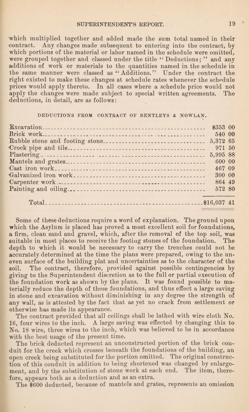 which multiplied together and added made the sum total named in their contract. Any changes made subsequent to entering into the contract, by which portions of the material or labor named in the schedule were omitted, were grouped together and classed under the title <s Deductions; 99 and any additions of work or materials to the quantities named in the schedule in the same manner were classed as “ Additions.” Under the contract the right existed to make these changes at schedule rates whenever the schedule prices would apply thereto. In all cases where a schedule price would not apply the changes were made subject to special written agreements. The deductions, in detail, are as follows: DEDUCTIONS FROM CONTRACT OF BENTLEYS & NOWLAN. Excavation_ $353 00 Brick work_ 540 00 Bubble stone and footing stone_ 5,372 65 •Crock pipe and tile_ 971 50 Plastering_ 5,995 88 Mantels and grates_ 600 00 Cast iron work_ 467 09 ’Galvanized iron work_ 300 00 Carpenter work.__ 864 49 Painting and oiling__ 572 80 Total___$16,037 41 Some of these deductions require a word of explanation. The ground upon which the Asylum is placed has proved a most excellent soil for foundations, a firm, clean sand and gravel, which, after the removal of the top soil, was suitable in most places to receive the footing stones of the foundation. The depth to which it would be necessary to carry the trenches could not be accurately determined at the time the plans were prepared, owing to the un¬ even surface of the building plat and uncertainties as to the character of the soil. The contract, therefore, provided against possible contingencies by giving to the Superintendent discretion as to the full or partial execution of the foundation work as shown by the plans. It was found possible to ma¬ terially reduce the depth of these foundations, and thus effect a large saving in stone and excavation without diminishing in any degree the strength of any wall, as is attested by the fact that as yet no crack from settlement or otherwise has made its appearance. The contract provided that all ceilings shall be lathed with wire cloth Ho. 16, four wires to the inch. A large saving was effected by changing this to Ho. 18 wire, three wires to the inch, which was believed to be in accordance with the best usage of the present time. The brick deducted represent an unconstructed portion of the brick con¬ duit for the creek which crosses beneath the foundations of the building, an open creek being substituted for the portion omitted. The original construc¬ tion of this conduit in addition to being shortened was changed by enlarge¬ ment, and by the substitution of stone work at each end. The item, there¬ fore, appears both as a deduction and as an extra. The $600 deducted, because of mantels and grates, represents an omission