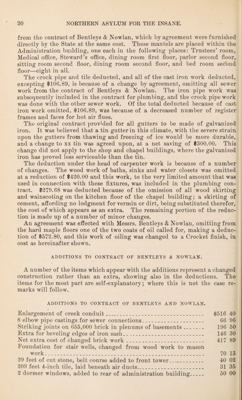 from the contract of Bentleys & Nowlan, which by agreement were furnished directly by the State at the same cost. These mantels are placed within the Administration building, one each in the following places: Trustees’ room. Medical office, Steward’s office, dining room first floor, parlor second floor, sitting room second floor, dining room second floor, and bed room second floor—eight in all. The crock pipe and tile deducted, and all of the cast iron work deducted, excepting $106.89, is because of a change by agreement, omitting all sewer work from the contract of Bentleys & Nowlan. The iron pipe work was subsequently included in the contract for plumbing, and the crock pipe work was done with the other sewer work. Of the total deducted because of cast iron work omitted, $106.89, was because of a decreased number of register frames and faces for hot air flues. The original contract provided for all gutters to be made of galvanized iron. It was believed that a tin gutter in this climate, with the severe strain upon the gutters from thawing and freezing of ice would be more durable, and a change to xx tin was agreed upon, at a net saving of $300.00. This change did not apply to the shop and chapel buildings, where the galvanized iron has proved less serviceable than the tin. The deduction under the head of carpenter work is because of a number of changes. The wood work of baths, sinks and water closets was omitted at a reduction of $420.00 and this work, to the very limited amount that was used in connection with these fixtures, was included in the plumbing con¬ tract. $279.68 was deducted because of the omission of all wood skirting and wainscoting on the kitchen floor of the chapel building; a skirting of cement, affording no lodgment for vermin or dirt, being substituted therefor, the cost of which appears as an extra. The remaining portion of the reduc¬ tion is made up of a number of minor changes. An agreement was effected with Messrs. Bentleys & Nowlan, omitting from the hard maple floors one of the two coats of oil called for, making a deduc¬ tion of $572.80, and this work of oiling was changed to a Crocket finish, in cost as hereinafter shown. ADDITIONS TO CONTRACT OF BENTLEYS & NOWLAN. A number of the items which appear with the additions represent a changed construction rather than an extra, showing also in the deductions. The items for the most part are self-explanatory; where this is not the case re¬ marks will follow. ADDITIONS TO CONTRACT OF BENTLEYS AND NOWLAN. Enlargement of creek conduit_ $516 40 8 elbow pipe castings for sewer connections_ 66 96 Striking joints on 655,000 brick in plenums of basements_ 196 50 Extra for beveling edges of iron sash,._ 146 30 Net extra cost of changed brick work_ 417 89 Foundation for stair wells, changed from wood work to mason work_ 70 13 29 feet of cut stone, belt course added to front tower_ 40 02 209 feet 4-inch tile, laid beneath air ducts_ 31 35 2 dormer windows, added to rear of administration building. 50 00