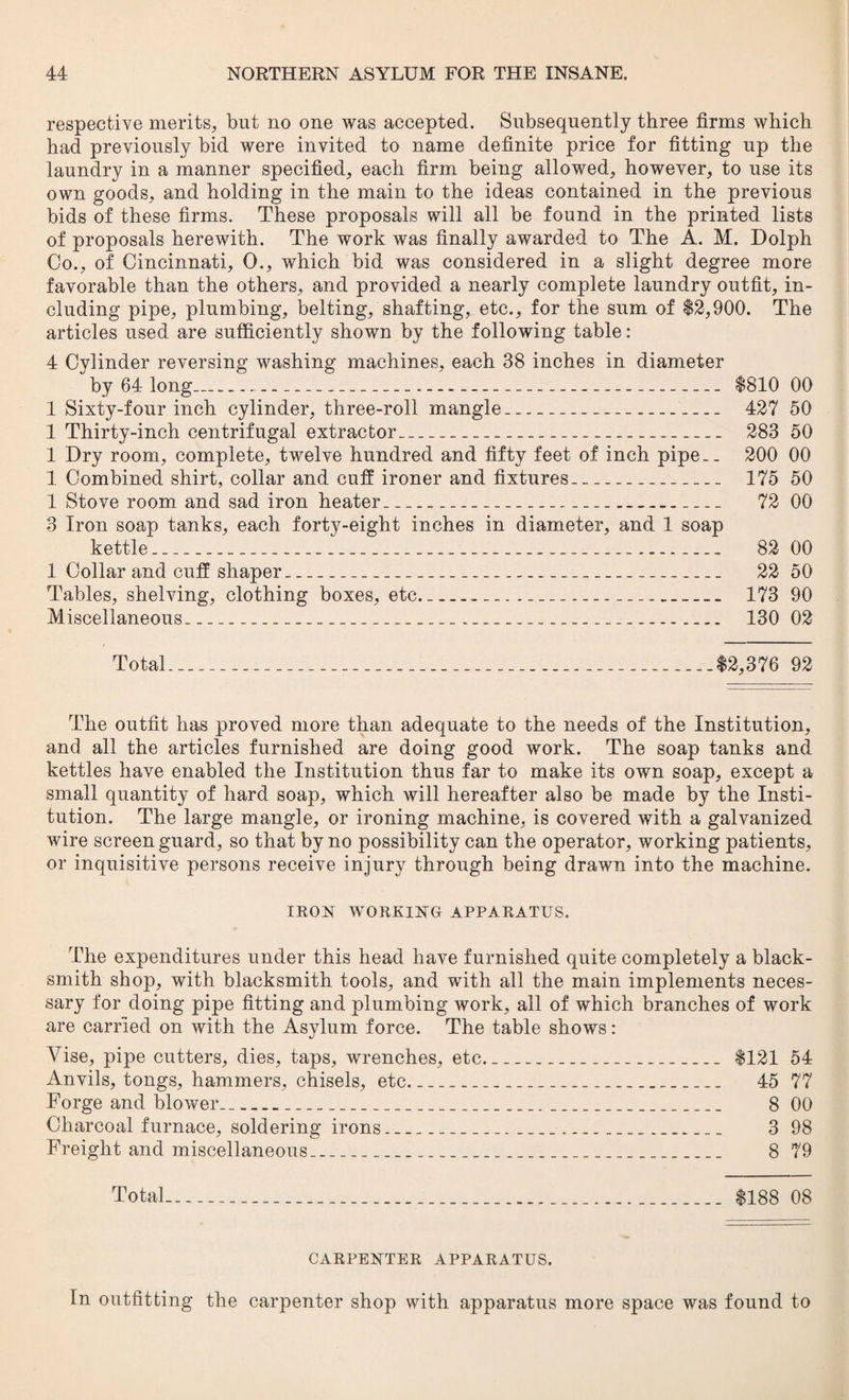 respective merits, but no one was accepted. Subsequently three firms which had previously bid were invited to name definite price for fitting up the laundry in a manner specified, each firm being allowed, however, to use its own goods, and holding in the main to the ideas contained in the previous bids of these firms. These proposals will all be found in the printed lists of proposals herewith. The work was finally awarded to The A. M. Dolph Co., of Cincinnati, 0., which bid was considered in a slight degree more favorable than the others, and provided a nearly complete laundry outfit, in¬ cluding pipe, plumbing, belting, shafting, etc., for the sum of $2,900. The articles used are sufficiently shown by the following table: 4 Cylinder reversing washing machines, each 38 inches in diameter by 64 long- $810 00 1 Sixty-four inch cylinder, three-roll mangle_ 427 50 1 Thirty-inch centrifugal extractor_ 283 50 1 Dry room, complete, twelve hundred and fifty feet of inch pipe.. 200 00 1 Combined shirt, collar and cuff ironer and fixtures_ 175 50 1 Stove room and sad iron heater_ 72 00 3 Iron soap tanks, each forty-eight inches in diameter, and 1 soap kettle_ 82 00 1 Collar and cuff shaper_ 22 50 Tables, shelving, clothing boxes, etc__ 173 90 Miscellaneous___ 130 02 Total_$2,376 92 The outfit has proved more than adequate to the needs of the Institution, and all the articles furnished are doing good work. The soap tanks and kettles have enabled the Institution thus far to make its own soap, except a small quantity of hard soap, which will hereafter also be made by the Insti¬ tution. The large mangle, or ironing machine, is covered with a galvanized wire screen guard, so that by no possibility can the operator, working patients, or inquisitive persons receive injury through being drawn into the machine. IRON WORKING APPARATUS. The expenditures under this head have furnished quite completely a black¬ smith shop, with blacksmith tools, and with all the main implements neces¬ sary for doing pipe fitting and plumbing work, all of which branches of work are carried on with the Asylum force. The table shows: Vise, pipe cutters, dies, taps, wrenches, etc_ $121 54 Anvils, tongs, hammers, chisels, etc___ 45 77 Forge and blower_ 8 00 Charcoal furnace, soldering irons_______ 3 98 Freight and miscellaneous_ 8 79 Total $188 08 CARPENTER APPARATUS. In outfitting the carpenter shop with apparatus more space was found to