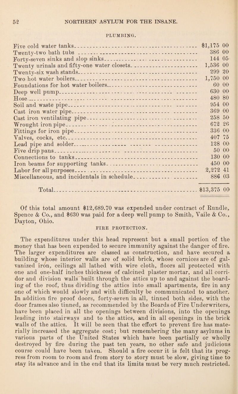 PLUMBING. Five cold water tanks..-. $1,175 00 Twenty-two bath tubs .....-. 386 00 Forty-seven sinks and slop sinks.... 144 05 Twenty urinals and fifty-one water closets__ 1,536 00 Twenty-six wash stands---- 299 20 Two hot water boilers... 1,750 00 Foundations for hot water boilers..-- 60 00 Deep well pump...... . 630 00 Hose..... 480 80 Soil and waste pipe.----— 954 00 Cast iron water pipe---- 369 00 Cast iron ventilating pipe......258 50 Wrought iron pipe-- --- 672 26 Fittings for iron pipe____ 336 00 Valves, cocks, etc--- 407 75 Lead pipe and solder---- - 128 00s Five drip pans_.... --- 50 00 Connections to tanks____ 130 00 Iron beams for supporting tanks... 450 00* Labor for all purposes.......... 2,272 41 Miscellaneous, and incidentals in schedule..... 886 03- Total_____$13,375 00 Of this total amount $12,689.70 was expended under contract of Bundle, Spence & Co., and $630 was paid for a deep well pump to Smith, Vaile & Co., Dayton, Ohio. FIRE PROTECTION. The expenditures under this head represent but a small portion of the money that has been expended to secure immunity against the danger of fire. The larger expenditures are classed as construction, and have secured a building whose interior walls are of solid brick, whose cornices are of gal¬ vanized iron, ceilings all lathed with wire cloth, floors all protected with one and one-half inches thickness of calcined plaster mortar, and all corri¬ dor and division walls built through the attics up to and against the board¬ ing of the roof, thus dividing the attics into small apartments, fire in any one of which would slowly and with difficulty be communicated to another. In addition fire proof doors, forty-seven in all, tinned both sides, with the door frames also tinned, as recommended by the Boards of Fire Underwriters, have been placed in all the openings between divisions, into the openings leading into stairways and to the attics, and in all openings in the brick walls of the attics. It will be seen that the effort to prevent fire has mate¬ rially increased the aggregate cost; but remembering the many asylums in various parts of the United States which have been partially or wholly destroyed by fire during the past ten years, no other safe and judicious course could have been taken. Should a fire occur it is felt that its prog¬ ress from room to room and from story to story must be slow, giving time to stay its advance and in the end that its limits must be very much restricted.