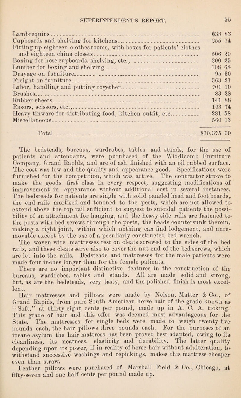 Lambrequins.^___ $38 83 Cupboards and shelving for kitchens_ 255 74 Fitting up eighteen clothes rooms, with boxes for patients’ clothes and eighteen china closets________ 506 20 Boxing for hose cupboards, shelving, etc., ___.... 200 25 Lumber for boxing and shelving_ 108 68 Dravage on furniture_ ____.... 95 30 Freight on furniture______ 363 21 Labor, handling and putting together......_ 701 10 Brushes___ 83 28 Rubber sheets________ 141 88 Razors, scissors, etc.,_ 193 74 Heavy tinware for distributing food, kitchen outfit, etc_ 281 58 Miscellaneous_..._...._ 560 13 Total_$30,375 00 The bedsteads, bureaus, wardrobes, tables and stands, for the use of patients and attendants, were puruhased of the Widdicomb Furniture Company, Grand Rapids, and are of ash finished with an oil rubbed surface. The cost was low and the quality and appearance good. Specifications were furnished for the competition, which was active. The contractor strove to make the goods first class in every respect, suggesting modifications of improvement in appearance without additional cost in several instances.. The bedsteads for patients are single with solid paneled head and footboards,, the end rails mortised and tenoned to the posts, which are not allowed to* extend above the top rail sufficient to suggest to suicidal patients the possi¬ bility of an attachment for hanging, and the heavy side rails are fastened to- the posts with bed screws through the posts, the heads countersunk therein,, making a tight joint, within which nothing can find lodgement, and unre¬ movable except by the use of a peculiarly constructed bed wrench. The woven wire mattresses rest on cleats screwed to the sides of the bed rails, and these cleats serve also to cover the nut end of the bed screws, which are let into the rails. Bedsteads and mattresses for the male patients were made four inches longer than for the female patients. There are no important distinctive features in the construction of the bureaus, wardrobes, tables and stands. All are made solid and strong, but, as are the bedsteads, very tasty, and the polished finish is most excel¬ lent. Hair mattresses and pillows were made by Nelson, Matter & Co., of Grand Rapids, from pure South American horse hair of the grade known as “Soft,” at thirty-eight cents per pound, made up in A. C. A. ticking. This grade of hair and this offer was deemed most advantageous for the State. The mattresses for single beds were made to weigh twenty-five pounds each, the hair pillows three pounds each. For the purposes of an insane asylum the hair mattress has been proved best adapted, owing to its cleanliness, its neatness, elasticity and durability. The latter quality depending upon its power, if in reality of horse hair without adulteration, to withstand successive washings and repickings, makes this mattress cheaper even than straw. Feather pillows were purchased of Marshall Field & Co., Chicago, at fifty-seven and one half cents per pound made up.