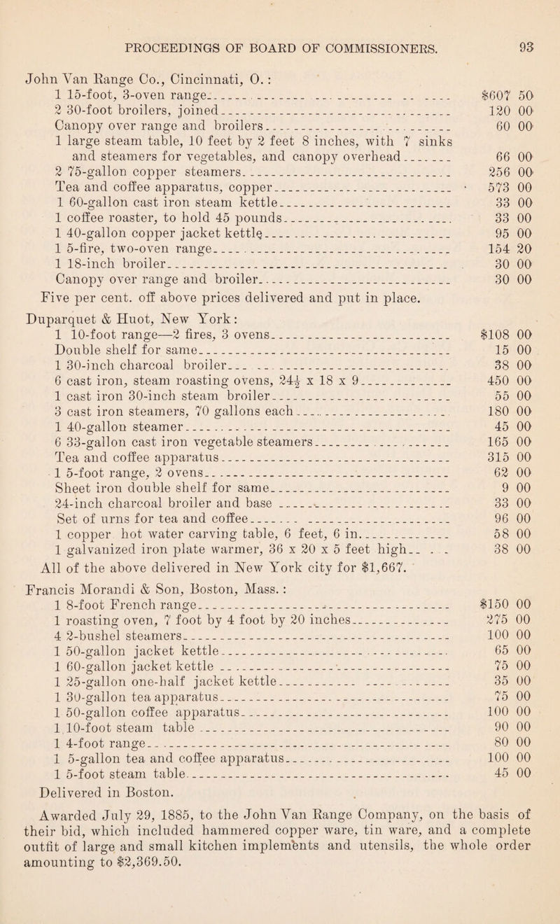 John Van Range Co., Cincinnati, 0.: 1 15-foot, 3-oven range_...._ __ .. _ 1607 50 2 30-foot broilers, joined__ 120 00- Canopy over range and broilers_...._ 60 00 1 large steam table, 10 feet by 2 feet 8 inches, with 7 sinks and steamers for vegetables, and canopy overhead_ 66 00 2 75-gallon copper steamers._ 256 00 Tea and coffee apparatus, copper___ • 573 00 1 60-gallon cast iron steam kettle_ 33 00 1 coffee roaster, to hold 45 pounds__33 00 1 40-gallon copper jacket kettle__ 95 00 1 5-fire, two-oven range_______ 154 20 1 18-inch broiler_ . 30 00 Canopy over range and broiler__ 30 00 Five per cent, off above prices delivered and put in place. Duparquet & Huot, New York: 1 10-foot range—2 fires, 3 ovens_ $108 00- Double shelf for same_ 15 00 1 30-inch charcoal broiler__._ 38 00 6 cast iron, steam roasting ovens, 24^ x 18 x 9_ 450 00 1 cast iron 30-inch steam broiler_ 55 00 3 cast iron steamers, 70 gallons each__ 180 00 1 40-gallon steamer__ 45 00 6 33-gallon cast iron vegetable steamers_ 165 001 Tea and coffee apparatus_ 315 00 1 5-foot range, 2 ovens.____ 62 00 Sheet iron double shelf for same_ 9 00 24-inch charcoal broiler and base___ 33 00 Set of urns for tea and coffee_... _ 96 00 1 copper hot water carving table, 6 feet, 6 in_ 58 00 1 galvanized iron plate warmer, 36 x 20 x 5 feet high.. . . 38 00 All of the above delivered in New York city for $1,667. Francis Morandi & Son, Boston, Mass. : 1 8-foot French range_ $150 00 1 roasting oven, 7 foot by 4 foot by 20 inches_ 275 00 4 2-bushel steamers_ 100 00 1 50-gallon jacket kettle_ 65 00 1 60-gallon jacket kettle __ 75 00 1 25-gallon one-half jacket kettle_ 35 00 1 30-gallon tea apparatus_ 75 00 1 50-gallon coffee apparatus_ 100 00 1 10-foot steam table_ 90 00 1 4-foot range_ 80 00 1 5-gallon tea and coffee apparatus_ 100 00 1 5-foot steam table- 45 00 Delivered in Boston. Awarded July 29, 1885, to the John Van Range Company, on the basis of their bid, which included hammered copper ware, tin ware, and a complete outfit of large and small kitchen implements and utensils, the whole order amounting to $2,369.50.