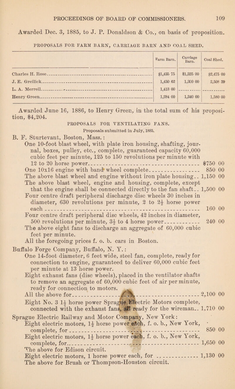 Awarded Dec. 3, 1885, to J. P. Donaldson & Co., on basis of proposition. PROPOSALS FOR FARM BARN, CARRIAGE BARN AND COAL SHED. Farm Barn, Carriage Barn. Coal Shed. Charles H. Rose.... $1,435 75 $1,325 00 $2,475 00 J. E. Greilick.__ 1,450 62 1,300 00 2,508 39 L. A. Merrell-... 1,413 00 Henry Green..... 1,284 00 1,340 00 1,580 00 Awarded June 16, 1886, to Henry Green, in the total sum of Ms proposi¬ tion, $4,204. PROPOSALS FOR VENTILATING FANS. Proposals submitted in July, 1885. B. F. Sturtevant, Boston, Mass.: One 10-foot blast wheel, with plate iron housing, shafting, jour¬ nal, boxes, pulley, etc., complete, guaranteed capacity 60,000 cubic feet per minute, 125 to 150 revolutions per minute with 12 to 20 horse power_____$750 00 One 10x16 engine with band wdieel complete_ 850 00 The above blast wheel and engine without iron plate housing.. 1,150 00 The above blast wheel, engine and housing, complete, except that the engine shall be connected directly to the fan shaft.. 1,500 00 Four centre draft peripheral discharge disc wheels 30 inches in diameter, 630 revolutions per minute, 2 to 2-J horse power each_ 160 00 Four centre draft peripheral disc wheels, 42 inches in diameter, 500 revolutions per minute, 3-^ to 4 horse power_ 240 00 The above eight fans to discharge an aggregate of 60,000 cubic feet per minute. All the foregoing prices f. o. b. cars in Boston. Buffalo Forge Company, Buffalo, N. Y. : One 14-foot diameter, 6 feet wide, steel fan, complete, ready for connection to engine, guaranteed to deliver 60,000 cubic feet per minute at 13 horse power. Eight exhaust fans (disc wheels), placed in the ventilator shafts to remove an aggregate of 60,000 cubic feet of air per minute, ready for connection to motors. ^ All the above for_- 2,100 00 Eight No. 3 1-^ horse power Spragiie Electric Motors complete, connected with the exhaust fans, all ready for the wireman.. 1,710 00 Sprague Electric Railway and Motor Company, New York: Eight electric motors, 1i horse power e&ch, f. o. b., New York, complete, for___-- 850 00 Eight electric motors, 1horse power each, f. o. b., New York, complete, for__ -_ 1,650 00 The above for Edison circuit. Eight electric motors, 1 horse power each, for - 1,130 00 The above for Brush or Thompson-Houston circuit.