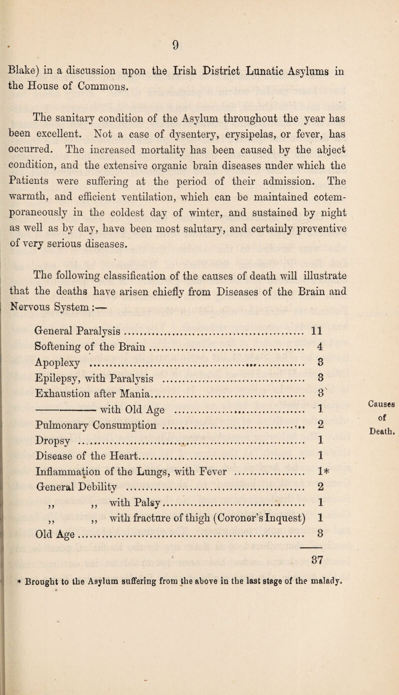 Blake) in a discussion upon the Irish District Lunatic Asylums in the House of Commons. The sanitary condition of the Asylum throughout the year has been excellent. Not a case of dysentery, erysipelas, or fever, has occurred. The increased mortality has been caused by the abject condition, and the extensive organic brain diseases under which the Patients were suffering at the period of their admission. The warmth, and efficient ventilation, which can be maintained cotem- poraneously in the coldest day of winter, and sustained by night as well as by day, have been most salutary, and certainly preventive of very serious diseases. The following classification of the causes of death will illustrate that the deaths have arisen chiefly from Diseases of the Brain and Nervous System:— General Paralysis. 11 Softening of the Brain. 4 Apoplexy ... 3 Epilepsy, with Paralysis . 3 Exhaustion after Mania. 3' -with Old Age . 1 Pulmonary Consumption .. 2 Dropsy .. 1 Disease of the Heart. 1 Inflammation of the Lungs, with Fever . 1* General Debility .. 2 ,, ,, with Palsy. 1 ,, ,, with fracture of thigh (Coroner’s Inquest) 1 Old Age.. 3 Causes of Death. * Brought to the Asylum suffering from the above in the last stage of the malady.