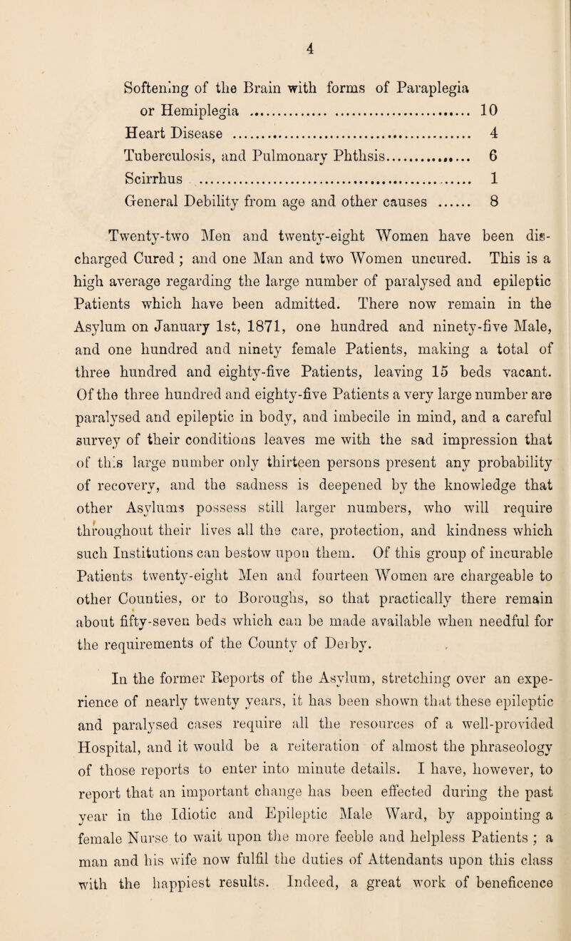 Softening of tlie Brain with forms of Paraplegia or Hemiplegia . 10 Heart Disease . 4 Tuberculosis, and Pulmonary Phthsis...6 Scirrhus . 1 General Debility from age and other causes . 8 Twenty-two Men and twenty-eight Women have been dis¬ charged Cured ; and one Man and two Women uncured. This is a high average regarding the large number of paralysed and epileptic Patients which have been admitted. There now remain in the Asylum on January 1st, 1871, one hundred and ninety-five Male, and one hundred and ninety female Patients, making a total of three hundred and eighty-five Patients, leaving 15 beds vacant. Of the three hundred and eighty-five Patients a very large number are paralysed and epileptic in body, and imbecile in mind, and a careful survey of their conditions leaves me with the sad impression that of this large number only thirteen persons present any probability of recovery, and the sadness is deepened by the knowledge that other Asylums possess still larger numbers, who will require throughout their lives all the care, protection, and kindness which such Institutions can bestow upon them. Of this group of incurable Patients twenty-eight Men and fourteen Women are chargeable to other Counties, or to Boroughs, so that practically there remain about fifty-seven beds which can be made available when needful for the requirements of the County of Derby. In the former Reports of the Asylum, stretching over an expe¬ rience of nearly twenty years, it has been shown that these epileptic and paralysed cases require all the resources of a well-provided Hospital, and it would be a reiteration of almost the phraseology of those reports to enter into minute details. I have, however, to report that an important change has been effected during the past year in the Idiotic and Epileptic Male Ward, by appointing a female Nurse to wait upon the more feeble and helpless Patients ; a man and his wife now fulfil the duties of Attendants upon this class with the happiest results. Indeed, a great work of beneficence