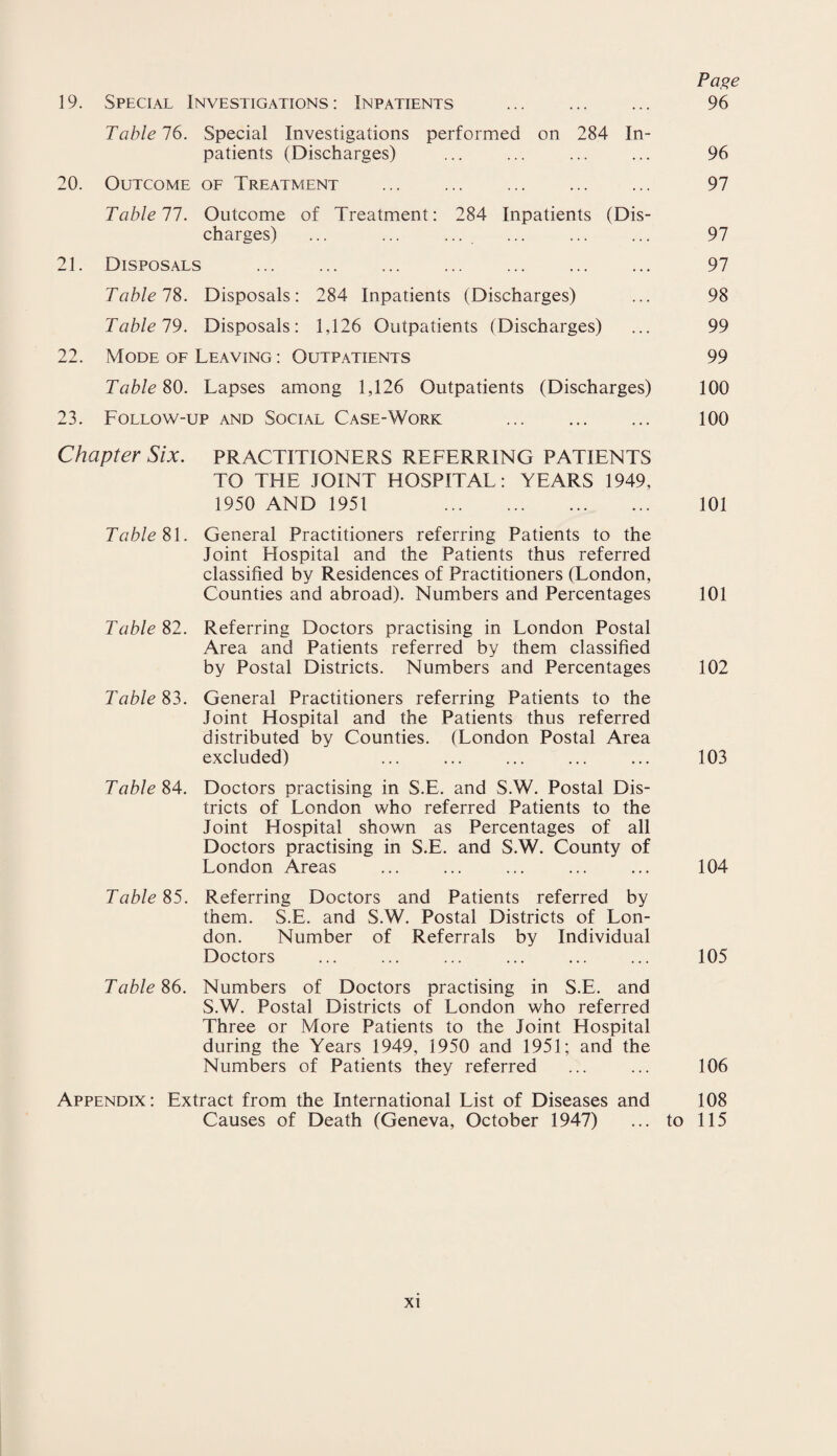 19. Special Investigations: Inpatients . 96 Table 76. Special Investigations performed on 284 In¬ patients (Discharges) ... ... ... ... 96 20. Outcome of Treatment . 97 Table 77. Outcome of Treatment: 284 Inpatients (Dis¬ charges) ... ... ... ... ... ... 97 21. Disposals . 97 Table 78. Disposals: 284 Inpatients (Discharges) ... 98 Table 19. Disposals: 1,126 Outpatients (Discharges) ... 99 22. Mode of Leaving : Outpatients 99 Table 80. Lapses among 1,126 Outpatients (Discharges) 100 23. Follow-up and Social Case-Work . 100 Chapter Six. PRACTITIONERS REFERRING PATIENTS TO THE JOINT HOSPITAL: YEARS 1949, 1950 AND 1951 . 101 Table%\. General Practitioners referring Patients to the Joint Hospital and the Patients thus referred classified by Residences of Practitioners (London, Counties and abroad). Numbers and Percentages 101 Table %2. Referring Doctors practising in London Postal Area and Patients referred by them classified by Postal Districts. Numbers and Percentages 102 Table 83. General Practitioners referring Patients to the Joint Hospital and the Patients thus referred distributed by Counties. (London Postal Area excluded) 103 Table 84. Doctors practising in S.E. and S.W. Postal Dis¬ tricts of London who referred Patients to the Joint Hospital shown as Percentages of all Doctors practising in S.E. and S.W. County of London Areas ... ... ... ... ... 104 Table 85. Referring Doctors and Patients referred by them. S.E. and S.W. Postal Districts of Lon¬ don. Number of Referrals by Individual Doctors ... ... ... ... ... ... 105 Table 86. Numbers of Doctors practising in S.E. and S.W. Postal Districts of London who referred Three or More Patients to the Joint Hospital during the Years 1949, 1950 and 1951; and the Numbers of Patients they referred ... ... 106 Appendix: Extract from the International List of Diseases and 108 Causes of Death (Geneva, October 1947) ... to 115