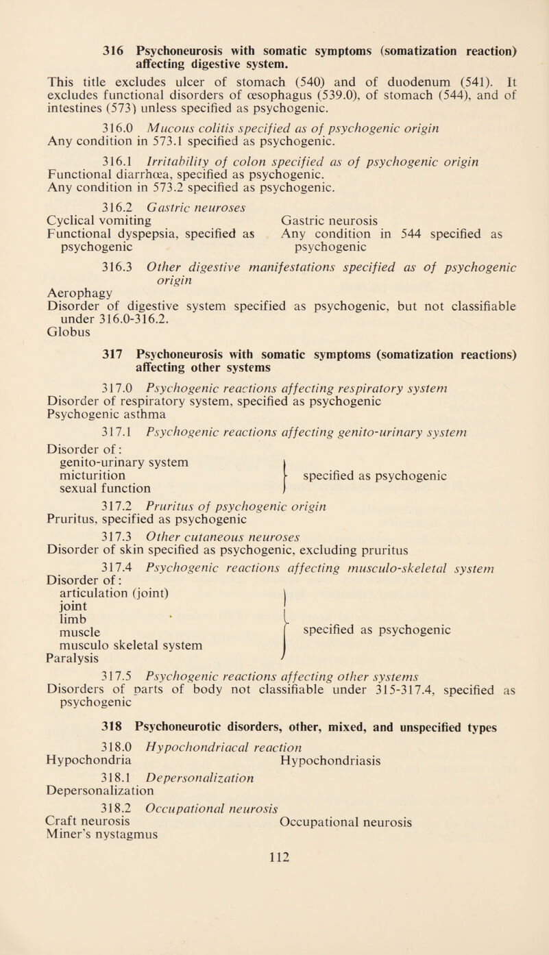 316 Psychoneurosis with somatic symptoms (somatization reaction) affecting digestive system. This title excludes ulcer of stomach (540) and of duodenum (541). It excludes functional disorders of oesophagus (539.0), of stomach (544), and of intestines (573) unless specified as psychogenic. 316.0 Mucous colitis specified as of psychogenic origin Any condition in 573.1 specified as psychogenic. 316.1 Irritability of colon specified as of psychogenic origin Functional diarrhoea, specified as psychogenic. Any condition in 573.2 specified as psychogenic. 316.2 Gastric neuroses Cyclical vomiting Gastric neurosis Functional dyspepsia, specified as Any condition in 544 specified as psychogenic psychogenic 316.3 Other digestive manifestations specified as of psychogenic origin Aerophagy Disorder of digestive system specified as psychogenic, but not classifiable under 316.0-316.2. Globus 317 Psychoneurosis with somatic symptoms (somatization reactions) affecting other systems 317.0 Psychogenic reactions affecting respiratory system Disorder of respiratory system, specified as psychogenic Psychogenic asthma 317.1 Psychogenic reactions affecting genito-urinary system Disorder of: genito-urinary system micturition sexual function specified as psychogenic 317.2 Pruritus of psychogenic origin Pruritus, specified as psychogenic 317.3 Other cutaneous neuroses Disorder of skin specified as psychogenic, excluding pruritus 317.4 Psychogenic reactions affecting musculo-skeletal system Disorder of: articulation (joint) joint limb muscle musculo skeletal system Paralysis 317.5 Psychogenic reactions affecting other systems Disorders of parts of body not classifiable under 315-317.4, specified as psychogenic j specified as psychogenic 318 Psychoneurotic disorders, other, mixed, and unspecified types 318.0 Hypochondriacal reaction Hypochondria Hypochondriasis 318.1 Depersonalization Depersonalization 318.2 Occupational neurosis Craft neurosis Occupational neurosis Miner’s nystagmus