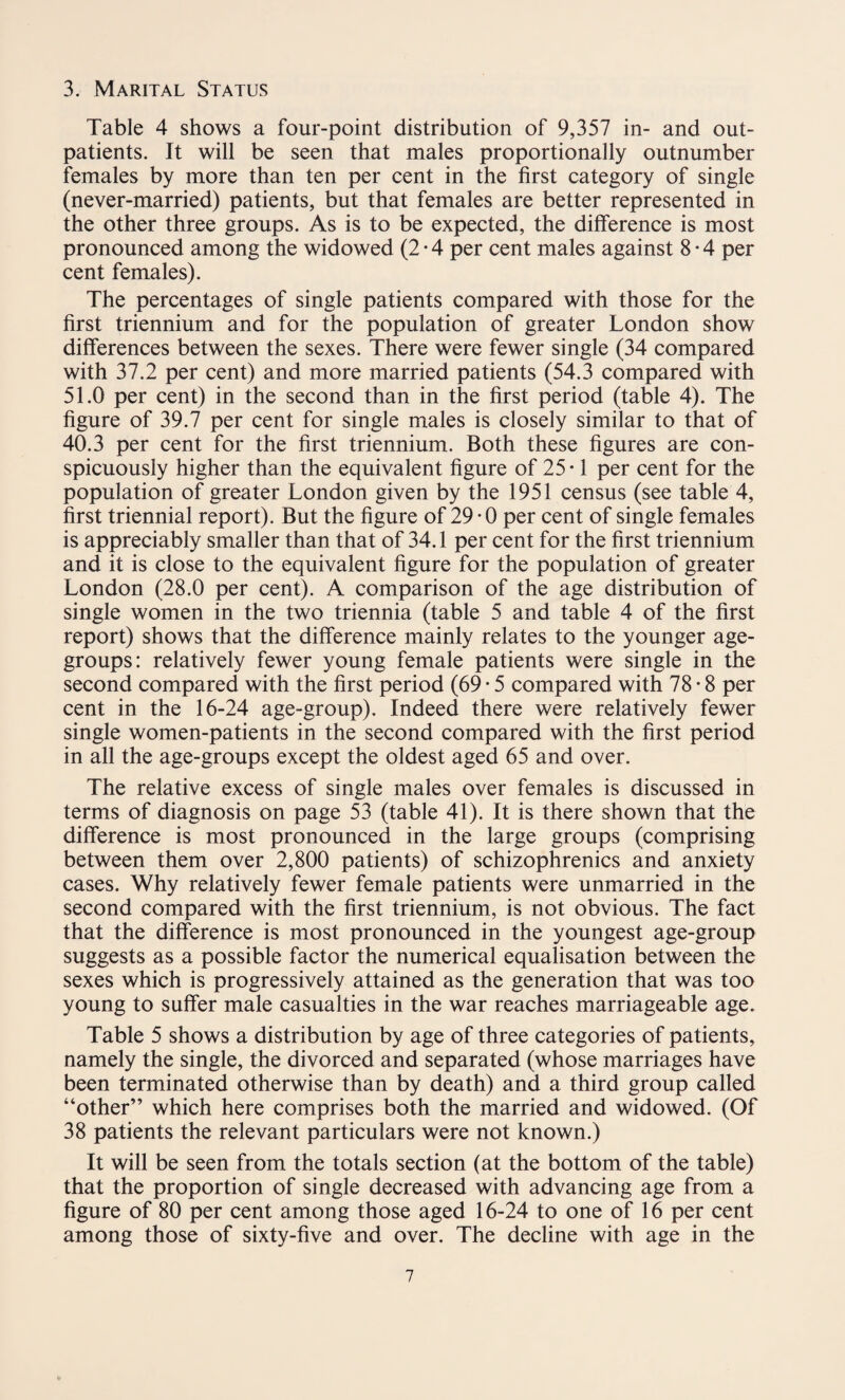 3. Marital Status Table 4 shows a four-point distribution of 9,357 in- and out¬ patients. It will be seen that males proportionally outnumber females by more than ten per cent in the first category of single (never-married) patients, but that females are better represented in the other three groups. As is to be expected, the difference is most pronounced among the widowed (2 • 4 per cent males against 8 • 4 per cent females). The percentages of single patients compared with those for the first triennium and for the population of greater London show differences between the sexes. There were fewer single (34 compared with 37.2 per cent) and more married patients (54.3 compared with 51.0 per cent) in the second than in the first period (table 4). The figure of 39.7 per cent for single males is closely similar to that of 40.3 per cent for the first triennium. Both these figures are con¬ spicuously higher than the equivalent figure of 25 • 1 per cent for the population of greater London given by the 1951 census (see table 4, first triennial report). But the figure of 29 • 0 per cent of single females is appreciably smaller than that of 34.1 per cent for the first triennium and it is close to the equivalent figure for the population of greater London (28.0 per cent). A comparison of the age distribution of single women in the two triennia (table 5 and table 4 of the first report) shows that the difference mainly relates to the younger age- groups: relatively fewer young female patients were single in the second compared with the first period (69-5 compared with 78-8 per cent in the 16-24 age-group). Indeed there were relatively fewer single women-patients in the second compared with the first period in all the age-groups except the oldest aged 65 and over. The relative excess of single males over females is discussed in terms of diagnosis on page 53 (table 41). It is there shown that the difference is most pronounced in the large groups (comprising between them over 2,800 patients) of schizophrenics and anxiety cases. Why relatively fewer female patients were unmarried in the second compared with the first triennium, is not obvious. The fact that the difference is most pronounced in the youngest age-group suggests as a possible factor the numerical equalisation between the sexes which is progressively attained as the generation that was too young to suffer male casualties in the war reaches marriageable age. Table 5 shows a distribution by age of three categories of patients, namely the single, the divorced and separated (whose marriages have been terminated otherwise than by death) and a third group called “other” which here comprises both the married and widowed. (Of 38 patients the relevant particulars were not known.) It will be seen from the totals section (at the bottom of the table) that the proportion of single decreased with advancing age from a figure of 80 per cent among those aged 16-24 to one of 16 per cent among those of sixty-five and over. The decline with age in the