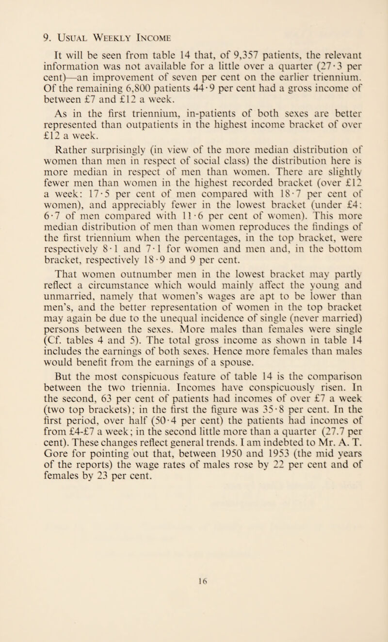 9. Usual Weekly Income It will be seen from table 14 that, of 9,357 patients, the relevant information was not available for a little over a quarter (27-3 per cent)—an improvement of seven per cent on the earlier triennium. Of the remaining 6,800 patients 44*9 per cent had a gross income of between £7 and £12 a week. As in the first triennium, in-patients of both sexes are better represented than outpatients in the highest income bracket of over £12 a week. Rather surprisingly (in view of the more median distribution of women than men in respect of social class) the distribution here is more median in respect of men than women. There are slightly fewer men than women in the highest recorded bracket (over £12 a week: 17*5 per cent of men compared with 18*7 per cent of women), and appreciably fewer in the lowest bracket (under £4: 6*7 of men compared with 11*6 per cent of women). This more median distribution of men than women reproduces the findings of the first triennium when the percentages, in the top bracket, were respectively 8*1 and 7*1 for women and men and, in the bottom bracket, respectively 18-9 and 9 per cent. That women outnumber men in the lowest bracket may partly reflect a circumstance which would mainly affect the young and unmarried, namely that women’s wages are apt to be lower than men’s, and the better representation of women in the top bracket may again be due to the unequal incidence of single (never married) persons between the sexes. More males than females were single (Cf. tables 4 and 5). The total gross income as shown in table 14 includes the earnings of both sexes. Hence more females than males would benefit from the earnings of a spouse. But the most conspicuous feature of table 14 is the comparison between the two triennia. Incomes have conspicuously risen. In the second, 63 per cent of patients had incomes of over £7 a week (two top brackets): in the first the figure was 35*8 per cent. In the first period, over half (50-4 per cent) the patients had incomes of from £4-£7 a week; in the second little more than a quarter (27.7 per cent). These changes reflect general trends. 1 am indebted to Mr. A. T. Gore for pointing out that, between 1950 and 1953 (the mid years of the reports) the wage rates of males rose by 22 per cent and of females by 23 per cent.