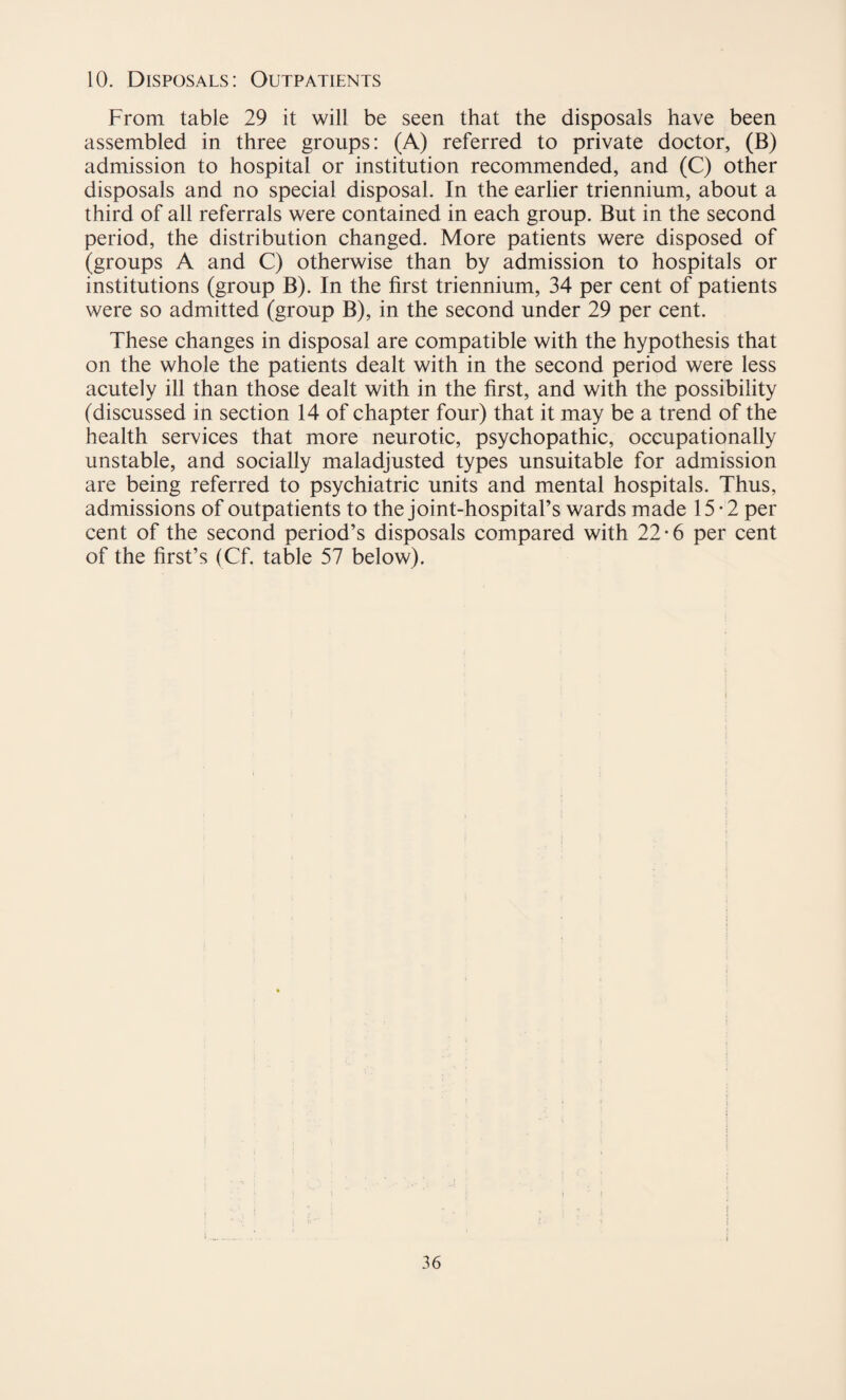 From table 29 it will be seen that the disposals have been assembled in three groups: (A) referred to private doctor, (B) admission to hospital or institution recommended, and (C) other disposals and no special disposal. In the earlier triennium, about a third of all referrals were contained in each group. But in the second period, the distribution changed. More patients were disposed of (groups A and C) otherwise than by admission to hospitals or institutions (group B). In the first triennium, 34 per cent of patients were so admitted (group B), in the second under 29 per cent. These changes in disposal are compatible with the hypothesis that on the whole the patients dealt with in the second period were less acutely ill than those dealt with in the first, and with the possibility (discussed in section 14 of chapter four) that it may be a trend of the health services that more neurotic, psychopathic, occupationally unstable, and socially maladjusted types unsuitable for admission are being referred to psychiatric units and mental hospitals. Thus, admissions of outpatients to the joint-hospital’s wards made 15-2 per cent of the second period’s disposals compared with 22-6 per cent of the first’s (Cf. table 57 below).