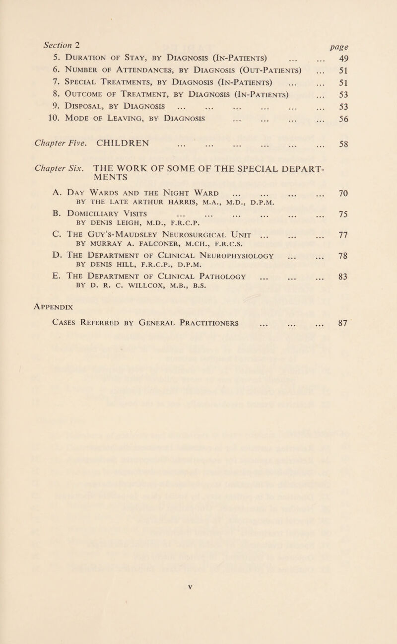 Section 2 pcige 5. Duration of Stay, by Diagnosis (In-Patients) . 49 6. Number of Attendances, by Diagnosis (Out-Patients) ... 51 7. Special Treatments, by Diagnosis (In-Patients) . 51 8. Outcome of Treatment, by Diagnosis (In-Patients) ... 53 9. Disposal, by Diagnosis . 53 10. Mode of Leaving, by Diagnosis 56 Chapter Five. CHILDREN ... ... ... ... ... ... 58 Chapter Six. THE WORK OF SOME OF THE SPECIAL DEPART¬ MENTS A. Day Wards and the Night Ward . 70 BY THE LATE ARTHUR HARRIS, M.A., M.D., D.P.M. B. Domiciliary Visits 75 BY DENIS LEIGH, M.D., F.R.C.P. C. The Guy’s-Maudsley Neurosurgical Unit. 77 BY MURRAY A. FALCONER, M.CH., F.R.C.S. D. The Department of Clinical Neurophysiology . 78 BY DENIS HILL, F.R.C.P., D.P.M. E. The Department of Clinical Pathology . 83 BY D. R. c. WILLCOX, M.B., B.S. Appendix Cases Referred by General Practitioners . 87