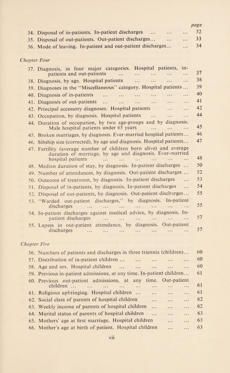 34. Disposal of in-patients. In-patient discharges . 32 35. Disposal of out-patients. Out-patient discharges. 33 36. Mode of leaving. In-patient and out-patient discharges. 34 Chapter Four 37. Diagnosis, in four major categories. Hospital patients, in¬ patients and out-patients ... ... ... ... ••• 37 38. Diagnosis, by age. Hospital patients . 38 39. Diagnoses in the “Miscellaneous” category. Hospital patients ... 39 40. Diagnosis of in-patients ... ... ... ... ... ••• 40 41. Diagnosis of out-patients ... ... ... ... ••• ••• 41 42. Principal accessory diagnoses. Hospital patients ... ... 42 43. Occupation, by diagnosis. Hospital patients . 44 44. Duration of occupation, by two age-groups and by diagnosis. Male hospital patients under 65 years ... ... ... 45 45. Broken marriages, by diagnosis. Ever-married hospital patients... 46 46. Sibship size (corrected), by age and diagnosis. Hospital patients... 47 47. Fertility (average number of children born alive) and average duration of marriage, by age and diagnosis. Ever-married hospital patients ... ... ... ... ••• ••• 48 48. Median duration of stay, by diagnosis. In-patient discharges ... 50 49. Number of attendances, by diagnosis. Out-patient discharges ... 52 50. Outcome of treatment, by diagnosis. In-patient discharges ... 53 51. Disposal of in-patients, by diagnosis. In-patient discharges ... 54 52. Disposal of out-patients, by diagnosis. Out-patient discharges... 55 53. “Warded out-patient discharges,” by diagnosis. In-patient discharges ... ... ... ... ... ••• ••• 55 54. In-patient discharges against medical advice, by diagnosis. In¬ patient discharges ... ... ... ... ••• ••• 57 55. Lapses in out-patient attendance, by diagnosis. Out-patient discharges ... ... ... ... ... ••• ••• 57 Chapter Five 56. Numbers of patients and discharges in three triennia (children)... 60 57. Distribution of in-patient children ... ... ... ... ... 60 58. Age and sex. Hospital children ... ... ... ... ... 60 59. Previous in-patient admissions, at any time. In-patient children... 61 60. Previous out-patient admissions, at any time. Out-patient children ... ... ... ... ... ... ... ••• 61 61. Religious upbringing. Hospital children ... ... ... ... 61 62. Social class of parents of hospital children ... ... ... 62 63. Weekly income of parents of hospital children. 62 64. Marital status of parents of hospital children ... ... ... 63 65. Mothers’ age at first marriage. Hospital children ... ... 63 66. Mother’s age at birth of patient. Hospital children ... ... 63