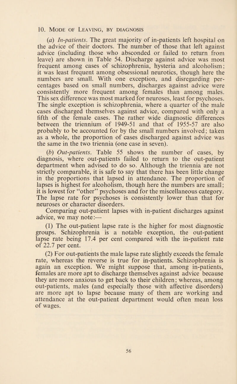 10. Mode of Leaving, by diagnosis (a) In-patients. The great majority of in-patients left hospital on the advice of their doctors. The number of those that left against advice (including those who absconded or failed to return from leave) are shown in Table 54. Discharge against advice was most frequent among cases of schizophrenia, hysteria and alcoholism; it was least frequent among obsessional neurotics, though here the numbers are small. With one exception, and disregarding per¬ centages based on small numbers, discharges against advice were consistently more frequent among females than among males. This sex difference was most marked for neuroses, least for psychoses. The single exception is schizophrenia, where a quarter of the male cases discharged themselves against advice, compared with only a fifth of the female cases. The rather wide diagnostic differences between the triennium of 1949-51 and that of 1955-57 are also probably to be accounted for by the small numbers involved; taken as a whole, the proportion of cases discharged against advice was the same in the two triennia (one case in seven). (b) Out-patients. Table 55 shows the number of cases, by diagnosis, where out-patients failed to return to the out-patient department when advised to do so. Although the triennia are not strictly comparable, it is safe to say that there has been little change in the proportions that lapsed in attendance. The proportion of lapses is highest for alcoholism, though here the numbers are small; it is lowest for “other” psychoses and for the miscellaneous category. The lapse rate for psychoses is consistently lower than that for neuroses or character disorders. Comparing out-patient lapses with in-patient discharges against advice, we may note:— (1) The out-patient lapse rate is the higher for most diagnostic groups. Schizophrenia is a notable exception, the out-patient lapse rate being 17.4 per cent compared with the in-patient rate of 22.7 per cent. (2) For out-patients the male lapse rate slightly exceeds the female rate, whereas the reverse is true for in-patients. Schizophrenia is again an exception. We might suppose that, among in-patients, females are more apt to discharge themselves against advice because they are more anxious to get back to their children; whereas, among out-patients, males (and especially those with affective disorders) are more apt to lapse because many of them are working and attendance at the out-patient department would often mean loss of wages.