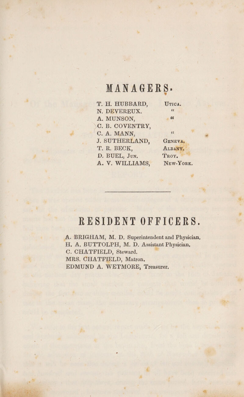 ( MANAGERS. T. H. HUBBARD, Utica. N. DEYEREUX. « A. MUNSON, ti C. B. COVENTRY, C. A. MANN, it J. SUTHERLAND, Geneva. T. R. BECK, Albany. D. BUEL, Jun. Troy. A. Y. WILLIAMS, New-York. RESIDENT OFFICERS. A. BRIGHAM, M. D. Superintendent and Physician. H. A. BUTTOLPH, M. D. Assistant Physician. C. CHATFIELD, Steward. MRS. CHATFIELD, Matron. EDMUND A. WETMORE, Treasurer.