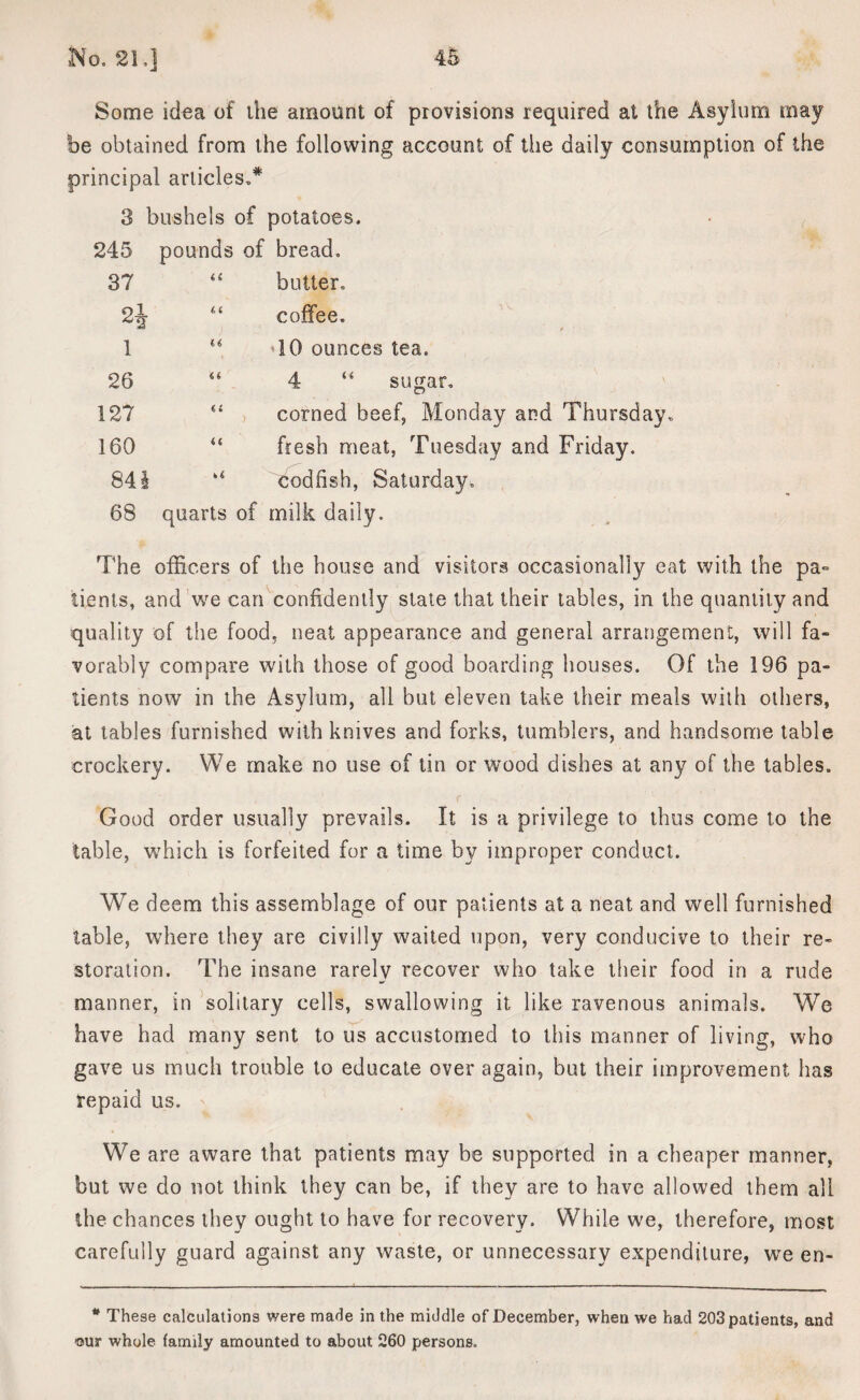 Some idea of the amount of provisions required at the Asylum may be obtained from the following account of the daily consumption of the principal articles.* 3 bushels of potatoes. 245 pounds of bread. 37 u butter. 2i it coffee. 1 u 10 ounces tea. 26 u 4 “ sugar. 127 a ( ' ) corned beef, Monday and Thursday. 160 <c fresh meat, Tuesday and Friday. 00 MM ^codfish, Saturday. 68 quarts of milk daily. The officers of the house and visitors occasionally eat with the pa° tients, and we cart confidently state that their tables, in the quantity and quality of the food, neat appearance and general arrangement, will fa» vorably compare with those of good boarding houses. Of the 196 pa¬ tients now in the Asylum, all but eleven take their meals with others, at tables furnished with knives and forks, tumblers, and handsome table crockery. We make no use of tin or wood dishes at any of the tables. Good order usually prevails. It is a privilege to thus come to the table, wrhich is forfeited for a time by improper conduct. We deem this assemblage of our patients at a neat and well furnished table, where they are civilly waited upon, very conducive to their re¬ storation. The insane rarely recover who take their food in a rude manner, in solitary cells, swallowing it like ravenous animals. We have had many sent to us accustomed to this manner of living, who gave us much trouble to educate over again, but their improvement has repaid us. We are aware that patients may be supported in a cheaper manner, but we do not think they can be, if they are to have allowed them all the chances they ought to have for recovery. While we, therefore, most carefully guard against any waste, or unnecessary expenditure, wre en~ * These calculations were made in the middle of December, when we had 203 patients, and mir whole family amounted to about 260 persons.