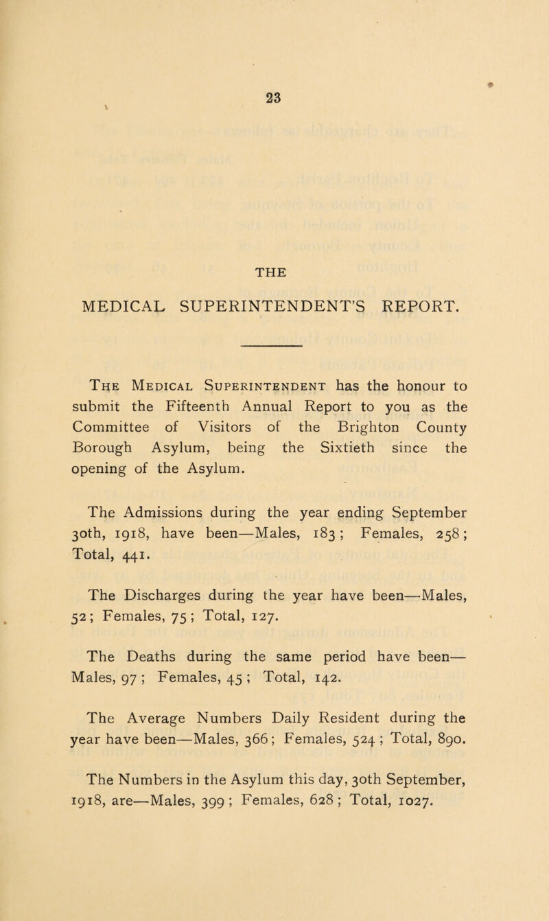 * 23 * THE MEDICAL SUPERINTENDENT’S REPORT. The Medical Superintendent has the honour to submit the Fifteenth Annual Report to you as the Committee of Visitors of the Brighton County Borough Asylum, being the Sixtieth since the opening of the Asylum. The Admissions during the year ending September 30th, 1918, have been—Males, 183; Females, 258; Total, 441. The Discharges during the year have been—Males, 52; Females, 75; Total, 127. The Deaths during the same period have been— Males, 97 ; Females, 45 ; Total, 142. The Average Numbers Daily Resident during the year have been—Males, 366; Females, 524 ; Total, 890. The Numbers in the Asylum this day, 30th September, 1918, are—Males, 399; Females, 628; Total, 1027.