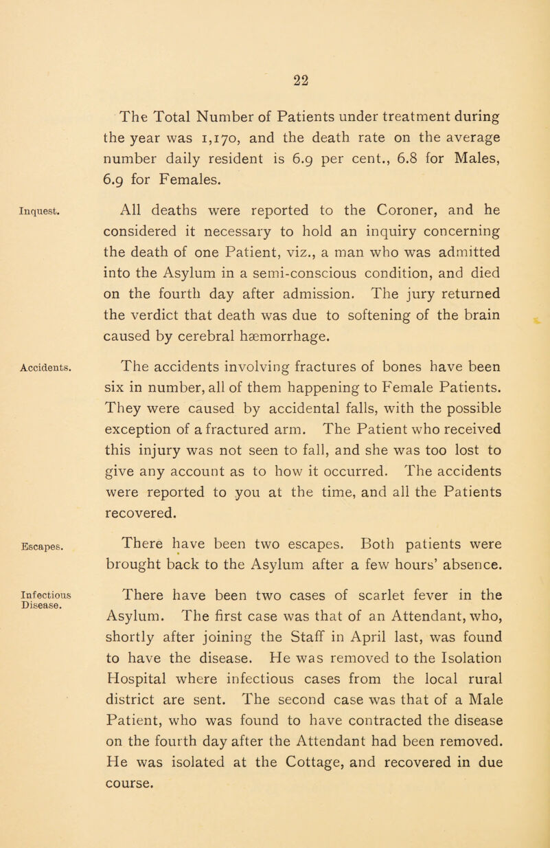 Inquest. Accidents. Escapes. Infectious Disease. The Total Number of Patients under treatment during the year was 1,170, and the death rate on the average number daily resident is 6.9 per cent., 6.8 for Males, 6.9 for Females. All deaths were reported to the Coroner, and he considered it necessary to hold an inquiry concerning the death of one Patient, viz., a man who was admitted into the Asylum in a semi-conscious condition, and died on the fourth day after admission. The jury returned the verdict that death was due to softening of the brain caused by cerebral haemorrhage. The accidents involving fractures of bones have been six in number, all of them happening to Female Patients. They were caused by accidental falls, with the possible exception of a fractured arm. The Patient who received this injury was not seen to fall, and she was too lost to give any account as to how it occurred. The accidents were reported to you at the time, and all the Patients recovered. There have been two escapes. Both patients were brought back to the Asylum after a few hours’ absence. There have been two cases of scarlet fever in the Asylum. The first case was that of an Attendant, who, shortly after joining the Staff in April last, was found to have the disease. He was removed to the Isolation Hospital where infectious cases from the local rural district are sent. The second case was that of a Male Patient, who was found to have contracted the disease on the fourth day after the Attendant had been removed. He was isolated at the Cottage, and recovered in due course.