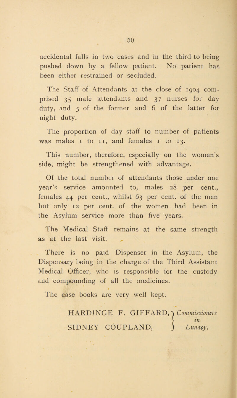 accidental falls in two cases and in the third to being pushed down by a fellow patient. No patient has been either restrained or secluded. The Staff of Attendants at the close of 1904 com¬ prised 35 male attendants and 37 nurses for day duty, and 5 of the former and 6 of the latter for night duty. The proportion of day staff to number of patients was males 1 to 11, and females 1 to 13. This number, therefore, especially on the women’s side, might be strengthened with advantage. Of the total number of attendants those under one year’s service amounted to, males 28 per cent., females 44 per cent., whilst 63 per cent, of the men but only 12 per cent, of the women had been in the Asylum service more than five years. The Medical Staff remains at the same strength as at the last visit. There is no paid Dispenser in the Asylum, the Dispensary being in the charge of the Third Assistant Medical Officer, who is responsible for the custody and compounding of all the medicines. * The case books are very well kept. HARDINGE F. GIFFARD, 5 Commissioners > in SIDNEY COUPLAND, ) Lunacy.